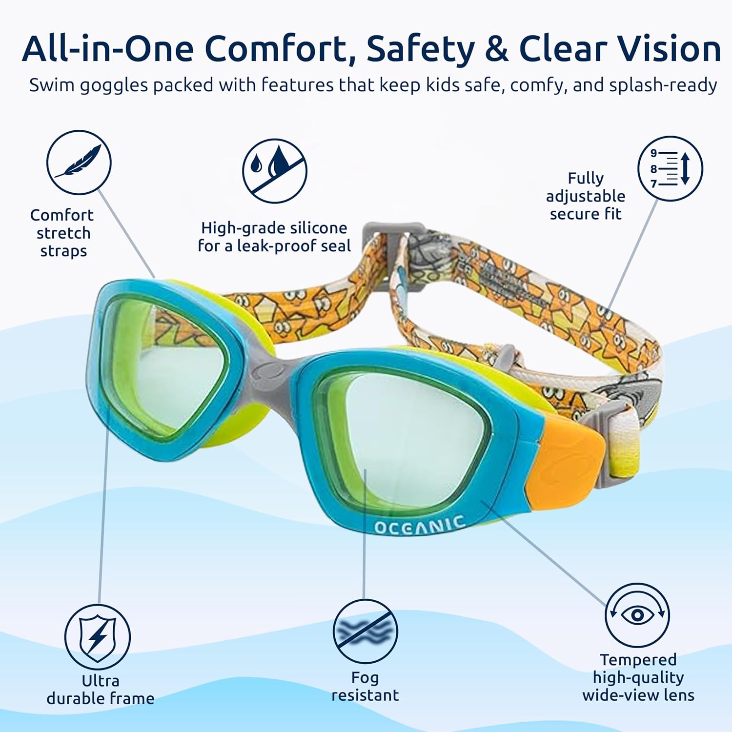 Oceanic Kids Swimming Goggles for Ages 3-8, Anti-Fog Wide View Swim Eyewear, Adjustable Strap, Youth Pool & Beach