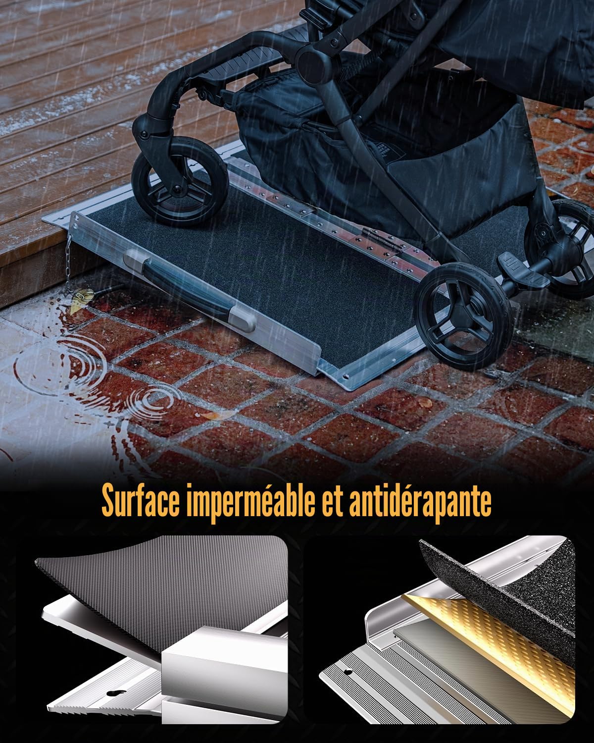 Rampe pour Fauteuil Roulant 61CM, Capacité 363KG, Rampe Pliante Antidérapante en Aluminium avec Surface en Carborundum pour Marches, Seuils, Trottoirs, Escaliers et Voitures