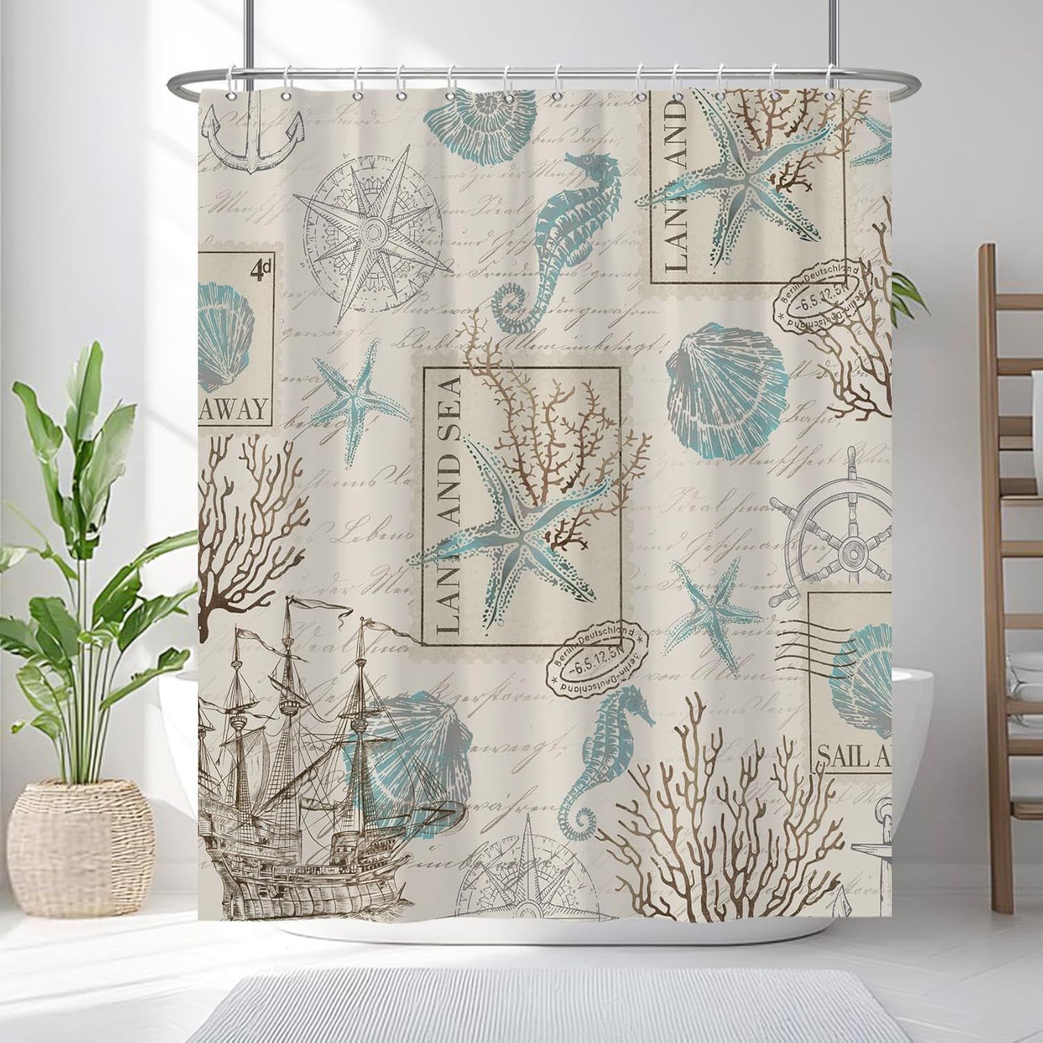 Renaiss 72x72 Inches Nautical Coastal Shower Curtain Vintage Sailboat Compass Beach Seahorse Ocean Theme Seashell Starfish Fabric Shower Curtains for Bathroom Decor Set Waterproof with Hooks