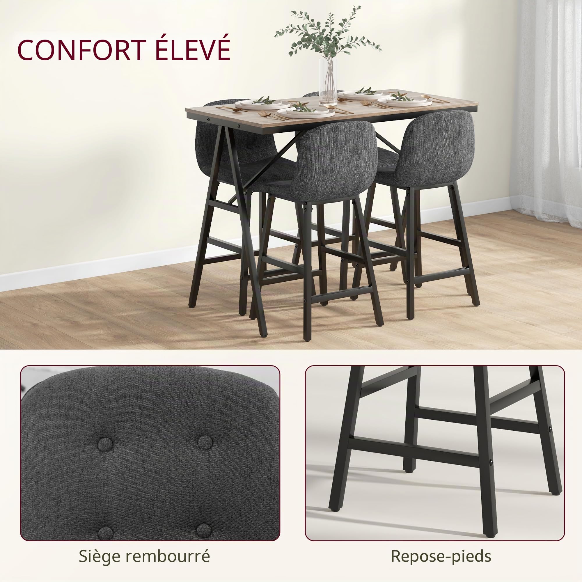 HOMCOM Table de Bar avec Tabouret de Bar, Ensemble de 5 pièces pour Manger, Table de Cuisine, Table de bistrot avec 4 chaises, Ensemble de Tables de Bar pour Cuisine, Salon, Acier, Gris foncé, 120 x