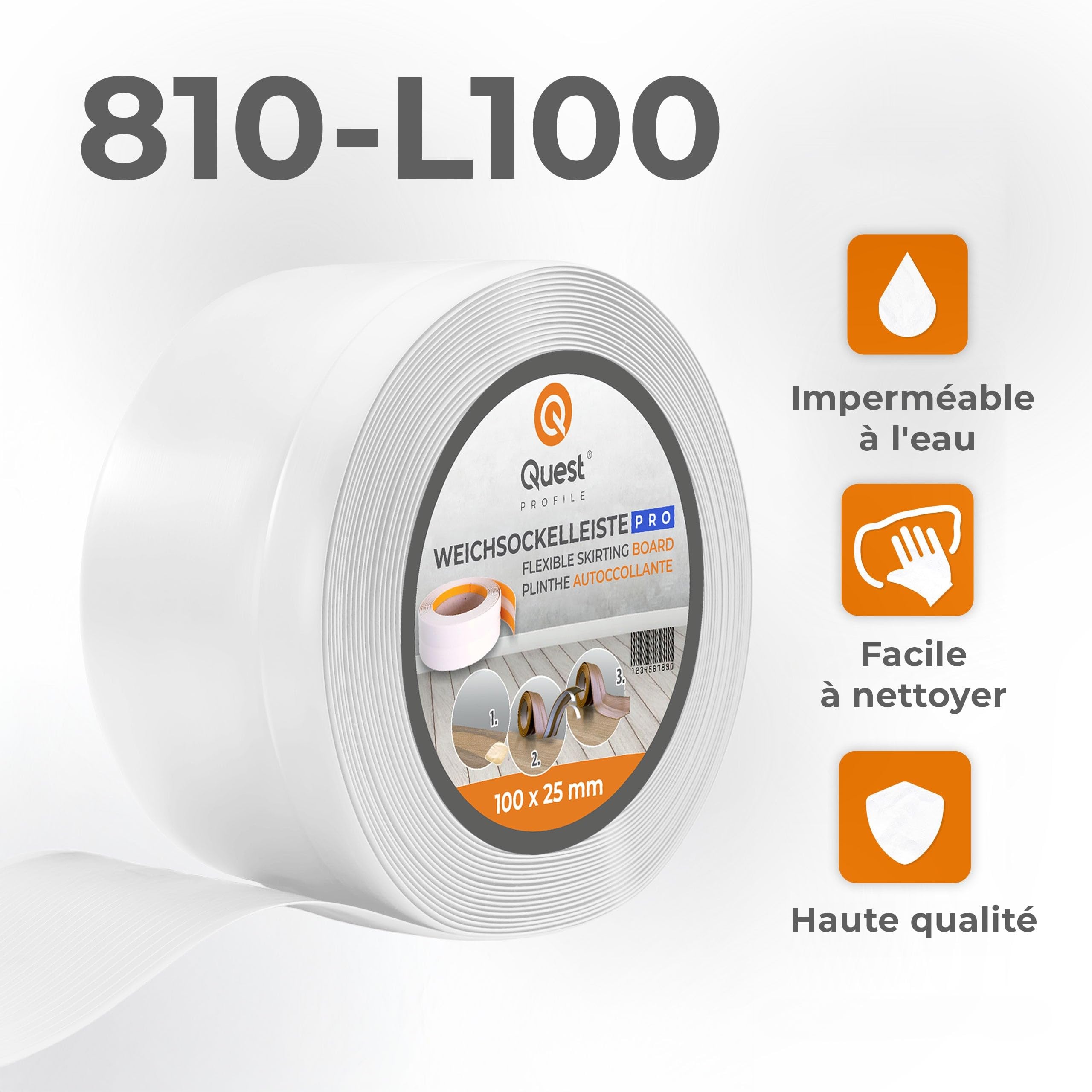 Quest Plinthe Souple PVC 100 x 25 mm Imperméable - Blanc, 25 m