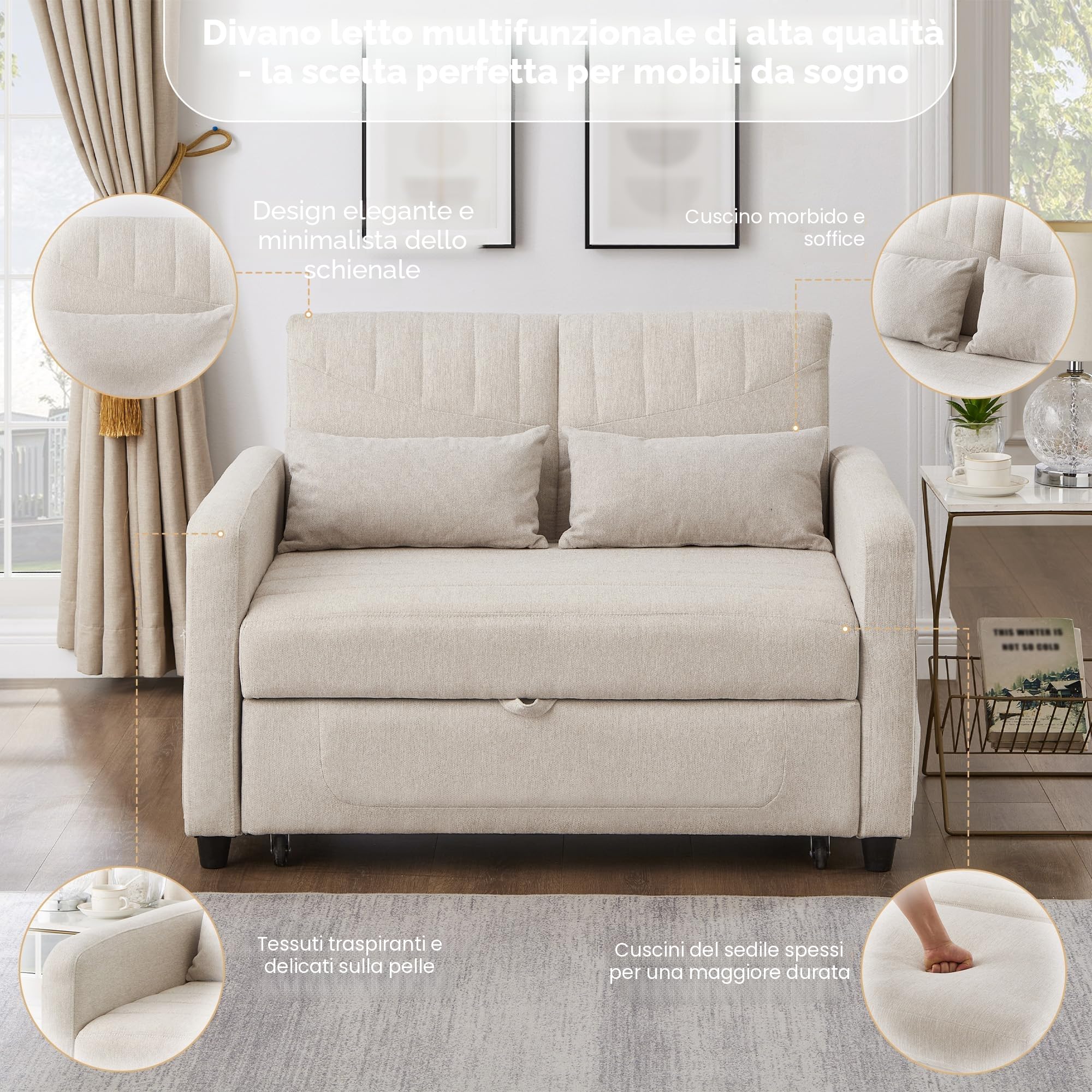 Divano a due posti con funzione letto, divano pieghevole con schienale regolabile, divano letto estraibile, divano letto con contenitore, piccoli divani per piccoli spazi, 114 x 77 cm, beige