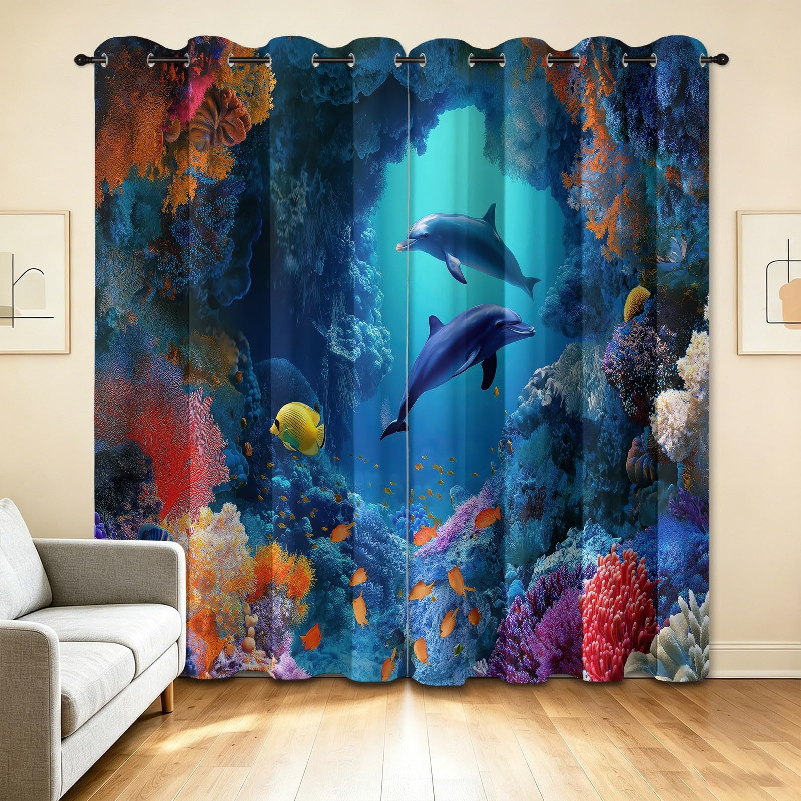Surrealistyczne zasłony zaciemniające 140 l x 200 cm, z jaskinią z delfinem, dekoracja okienna do salonu, sypialni, izolacja termiczna, 2 panele