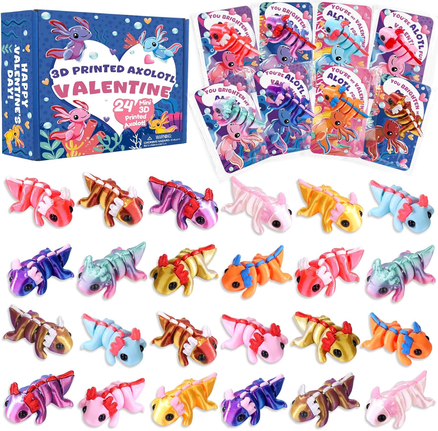 Valentines Day Gifts Cards for Kids 24 Pack 3D Printed Animals Axolotl Figurines Set with Valentine Greeting Cards for Boys Girls Toddle School Classroom Exchange Party Favors Prizes