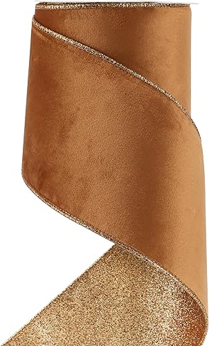 Miniatura 8 de HUIHUANG Cinta de terciopelo champán con alambre de 2-12 pulgadas, cinta de Navidad dorada champán con respaldo dorado con purpurina, para árbol de