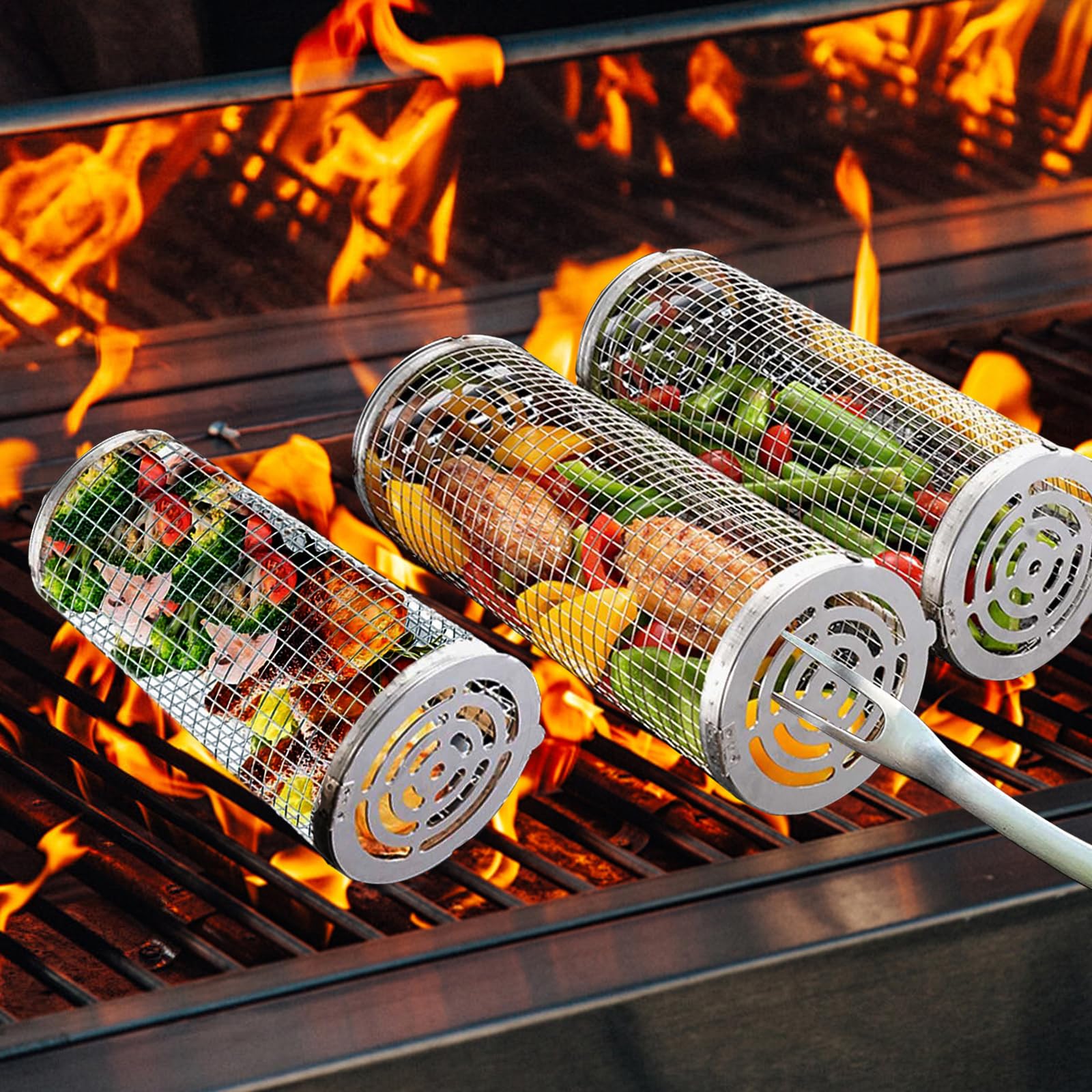 2 cestas de parrilla enrollables para parrilla al aire libre, malla redonda de acero inoxidable, estante portátil para barbacoa al aire libre para verduras, patatas fritas, pescado (L+M)