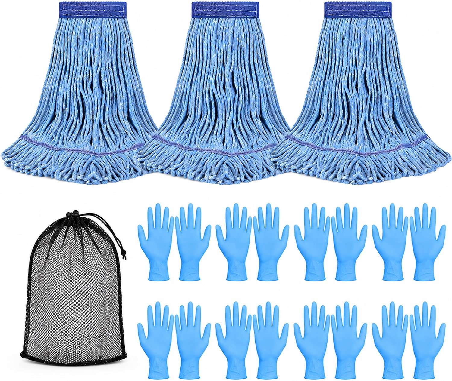 3 Pack Commercial Mop Heads with Mesh Laundry Bag & 16 Disposable Gloves