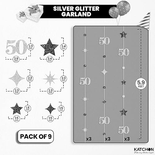 Miniatura 2 de KatchOn, Decoraciones plateadas para cumpleaños n. 50, guirnalda de cumpleaños 50 de 9 cuerdas, 6 pies, sin serpentina colgante para fiesta de 50