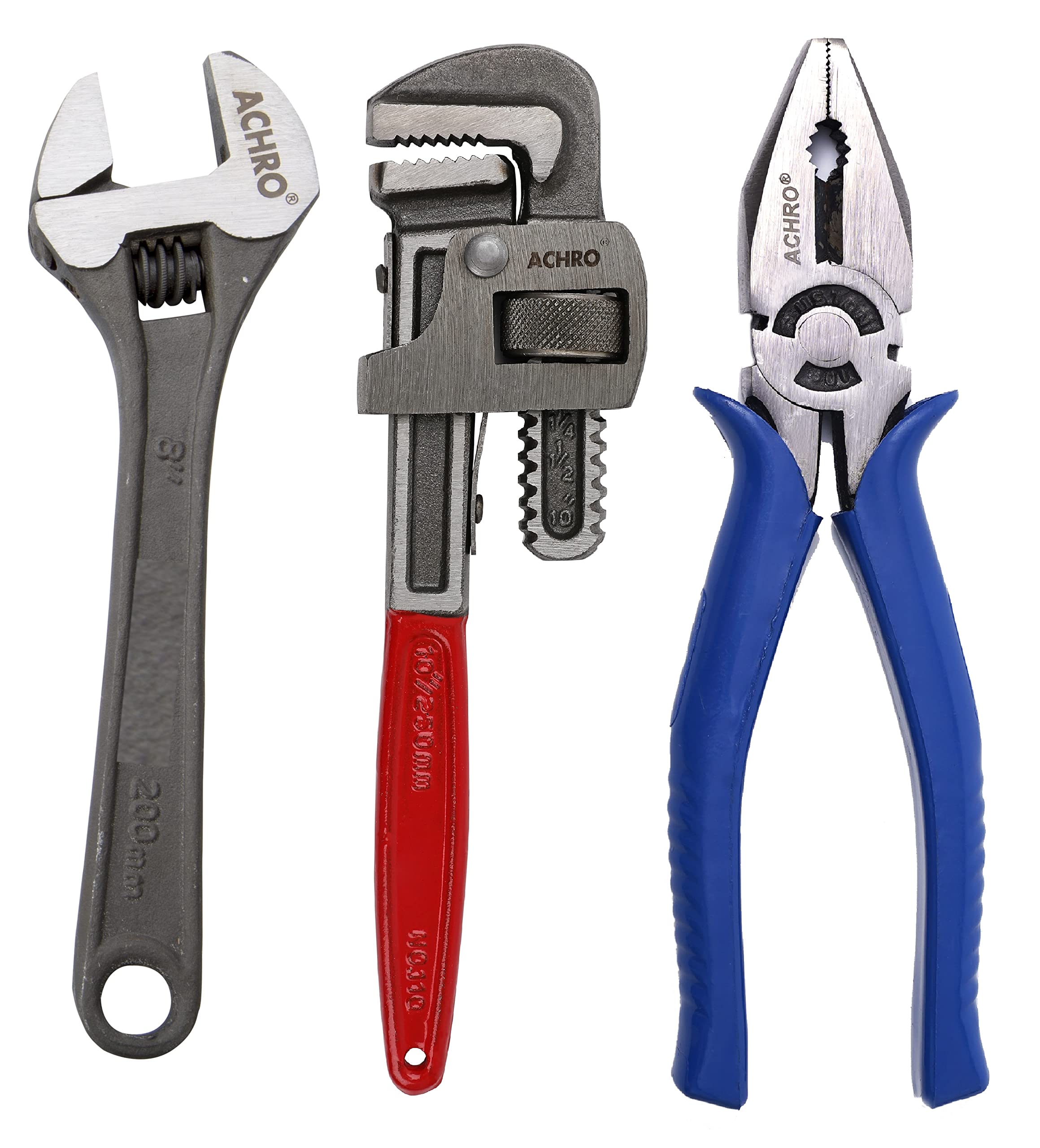 ACHRO Combo Pack of 3 Tool Kits Set for Home (Contains 8 Inch Adjustable Spanner, 8 Inch Combination Plier, 10 Inch Pipe Wrench, Pouch Packing)