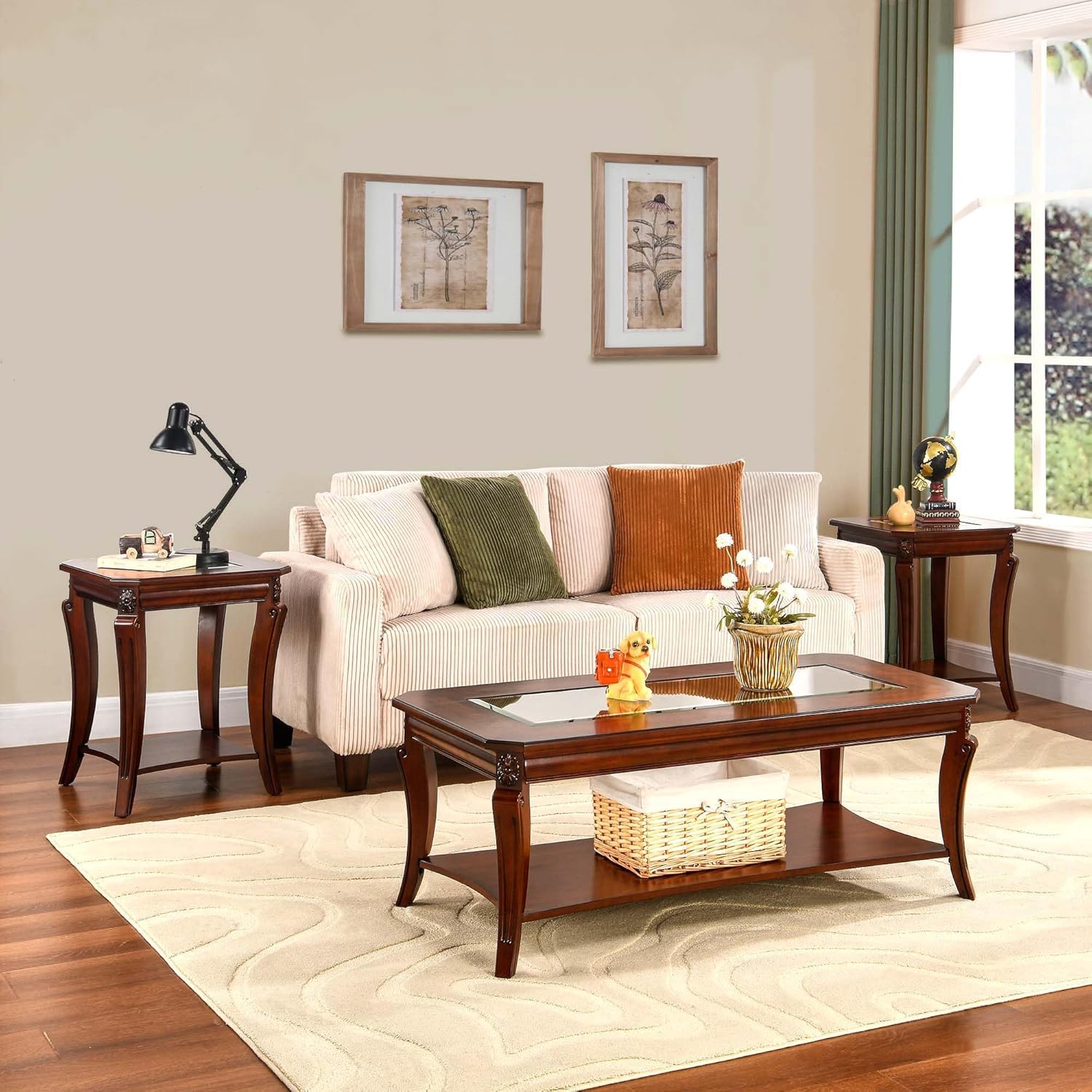 Coffee Table with Tempered Glass Top and Storage Shelf, Farmhouse Living Room Tables with Carved Solid Wood Leg, 47.2”L Rectangular Cocktail Center Table-, Easy Assembly Cherry Brown KFZ-A1168-GT