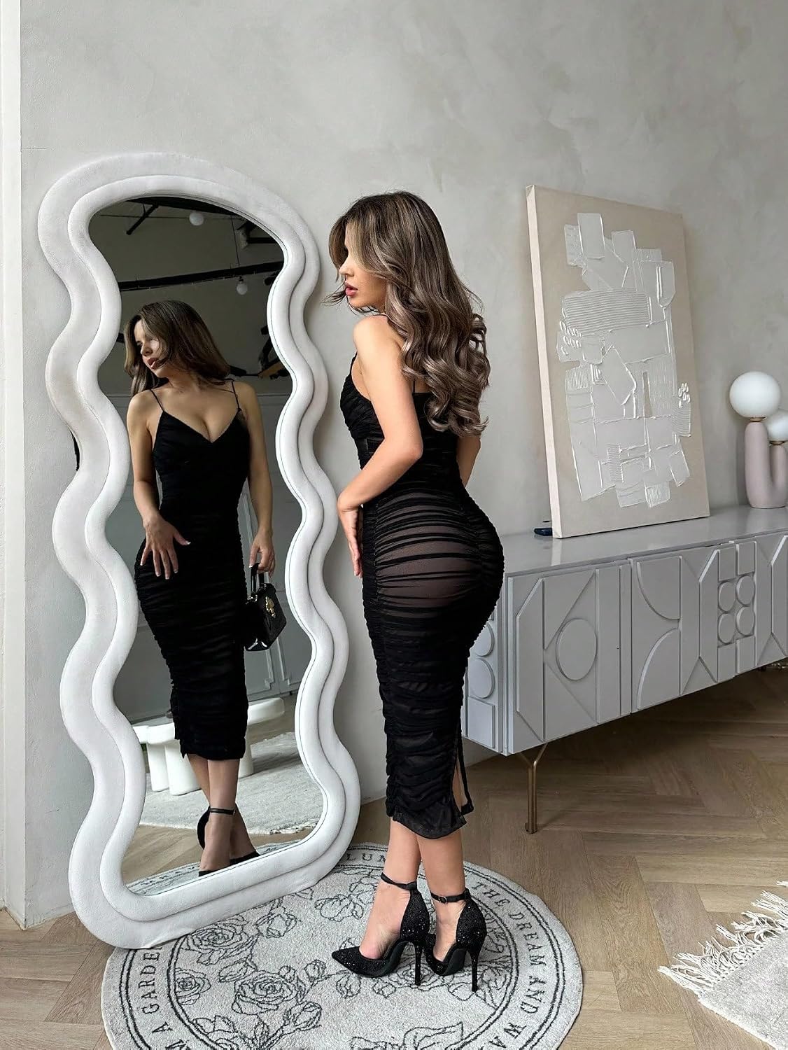 SISKIN Mesh Hollow Out Ruched Slip Dress Midi Bodycon Dress for Women Formal Party Night Out