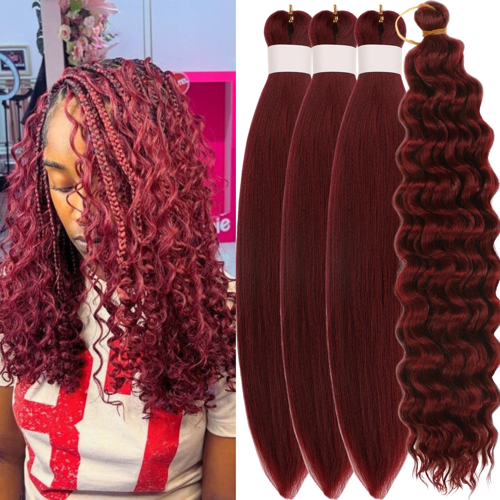 Burdundy Red Braiding Hair Pre stretched Braid 32inches 3 Packs with 1 Pack Deep Wave Crochet Braids for Bob Burgundy Boho Braids Boho Braiding Hair