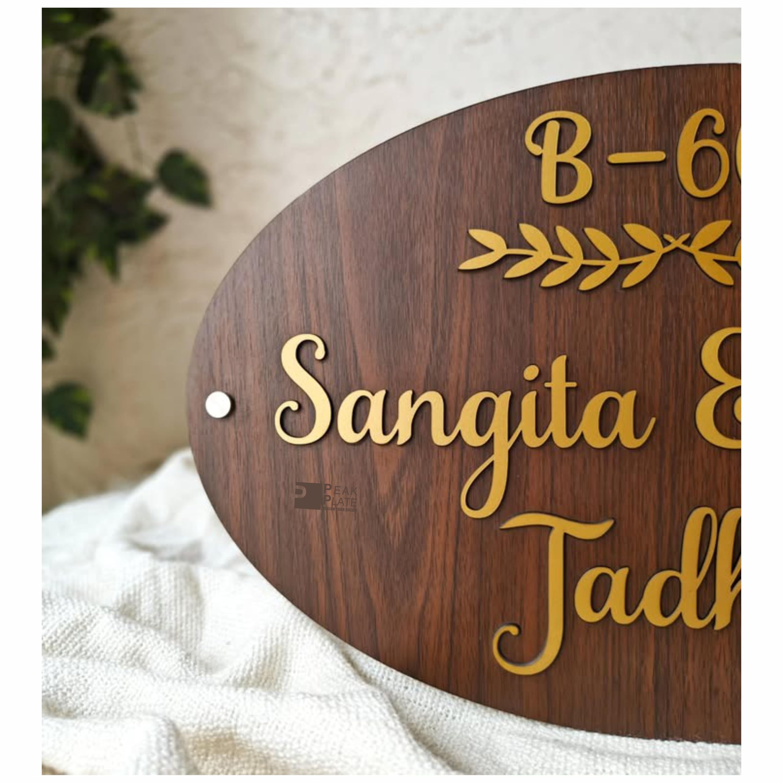 PEAK PLATE Custom Wooden Name Plate for Home (16 x 12 Inch) | Oval Designer Nameplate with 3D Golden Letters | Personalized House Name Board for Door, Flat, Office & Apartment Entrance 2
