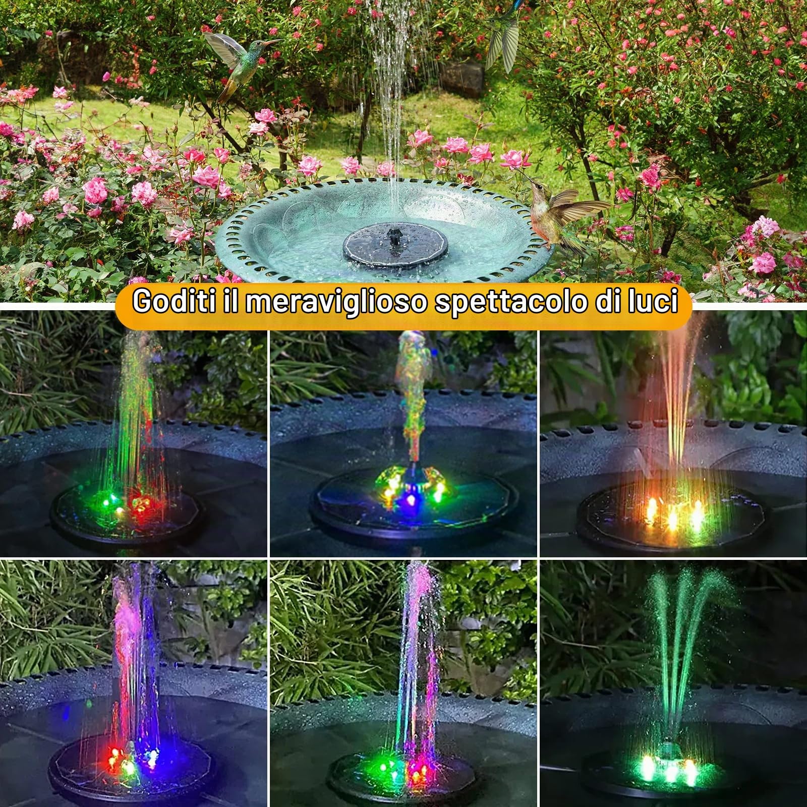 Fontana Solare con Luci Colorate, Nuovo 3W Fontana da Giardino Esterno con 1500mAh Batteria,Solare Fontana Pompa ad Acqua con 8 Ugelli per Bagno per Uccelli, Laghetto, Acquario