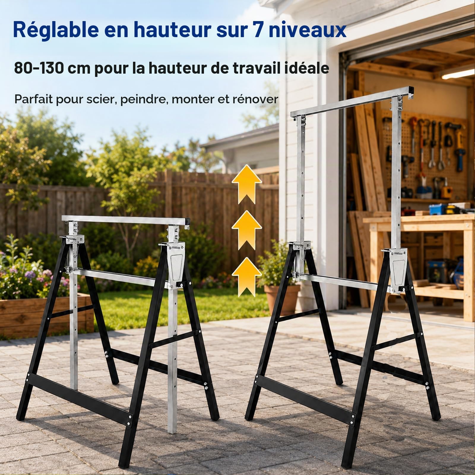 Fiqops Lot de 2 Tréteaux de Travail Pliables, Hauteur Réglable 80–130 cm sur 7 Positions, Charge Max. 400 kg par Paire, Tréteaux en Acier avec Verrouillage de Sécurité, Noir