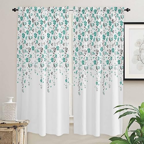 Kitchen Curtains 2 Panels Rod Pocket Tier Curtain Spring Grey Teal Flowers Window Valance,Light Filtering Window Treatment Pastoral Floral Vines