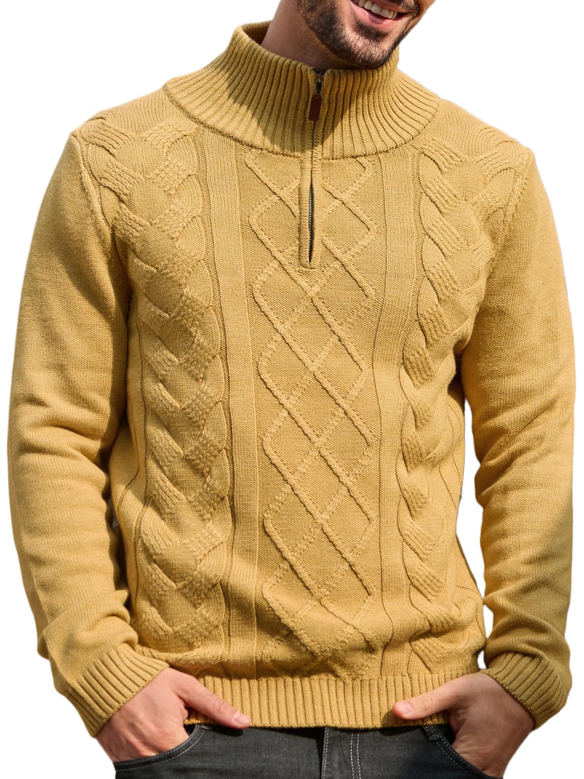 les umes Men's Quarter Zip Cotton Stand Collar Warm Long Sleeve Cable Knit Sweater-picture-50