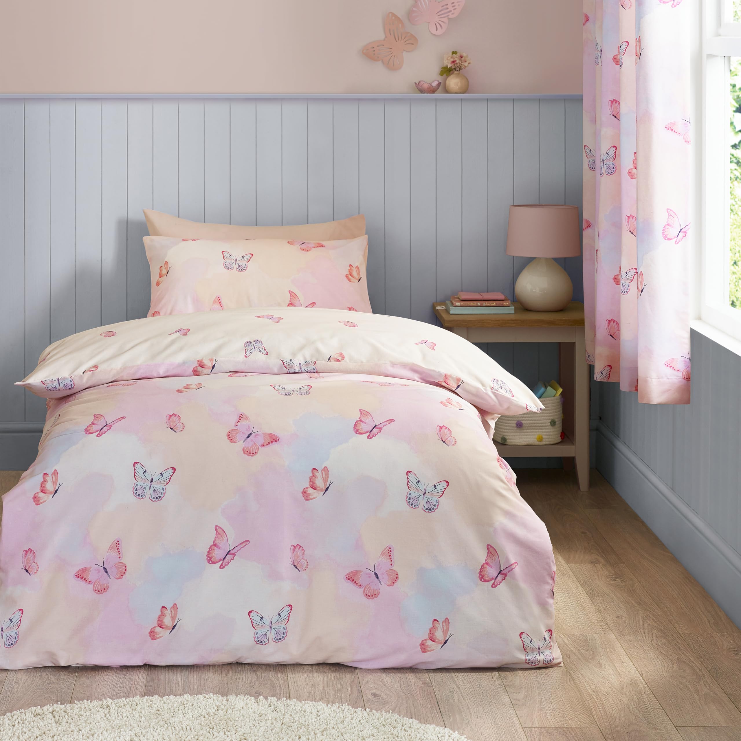 Catherine Lansfield Ombre Butterflies Reversible Duvet Cover Set Pink Double