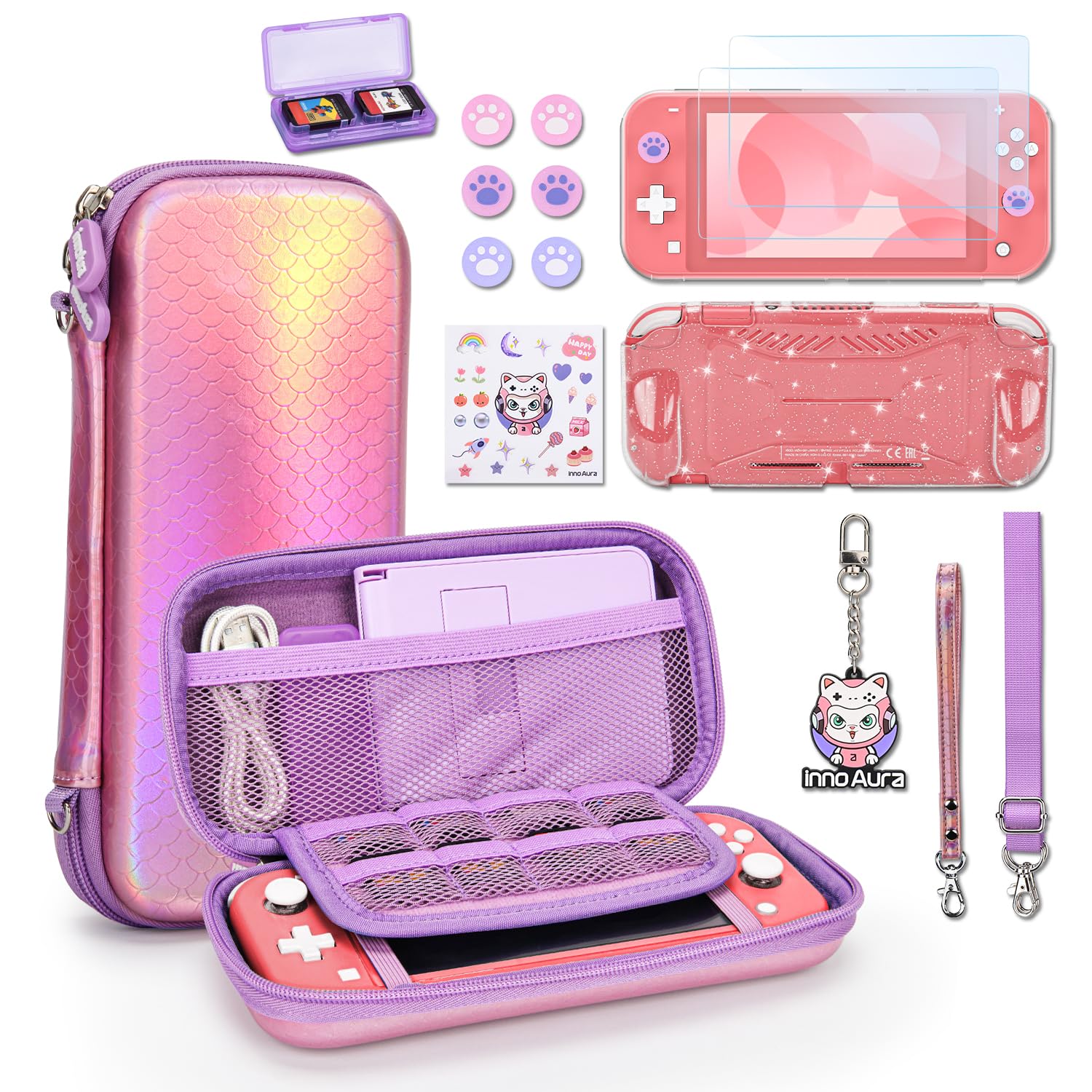 Borsa per Switch Lite, innoAura Pacchetti Accessori per Switch Lite con Custodia Switch Lite, Proteggi Schermo Switch Lite, Custodia Protettiva Switch Lite Copri Pollice, Custodia Giochi (Rosa Sirena)