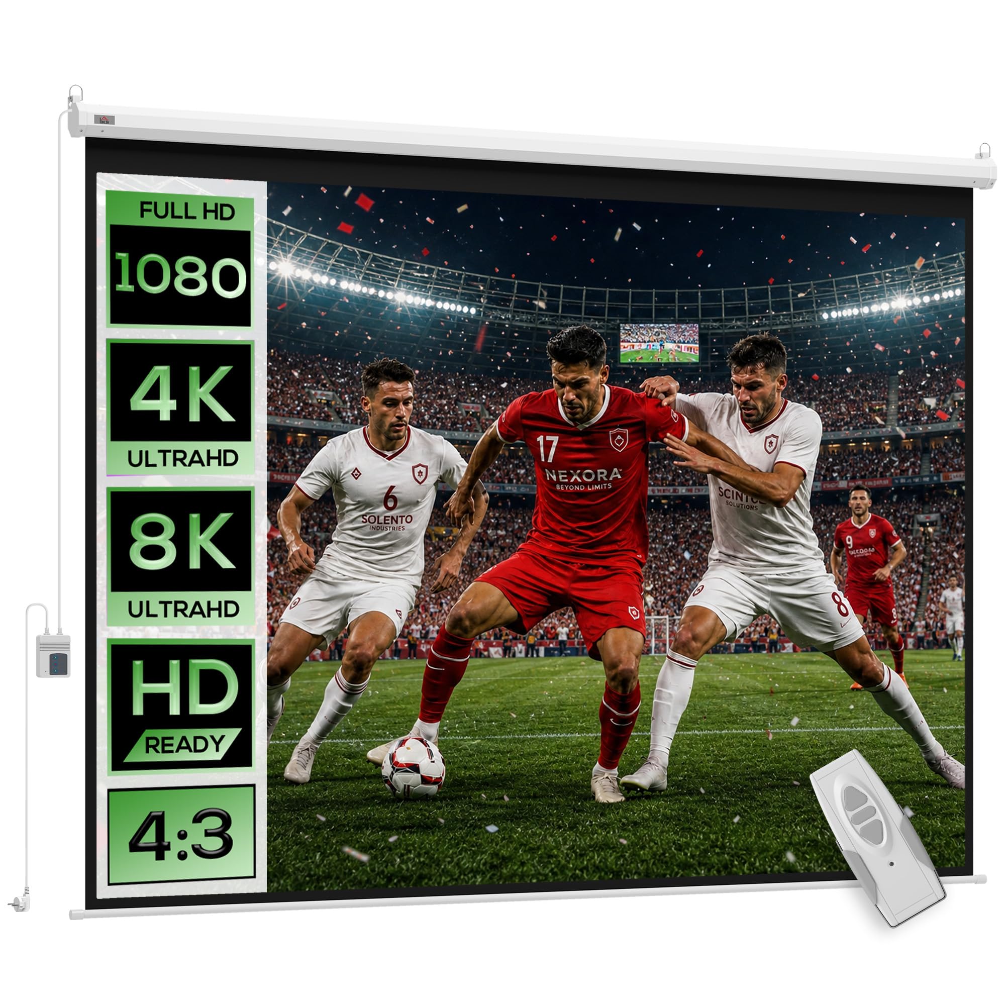 HOMCOM Electric Projector Screen 100 Inches Portable Projection Screen 4:3 Format with Remote Control Projection Fabric for Indoor and Outdoor Sports Events 203 x 152 cm White