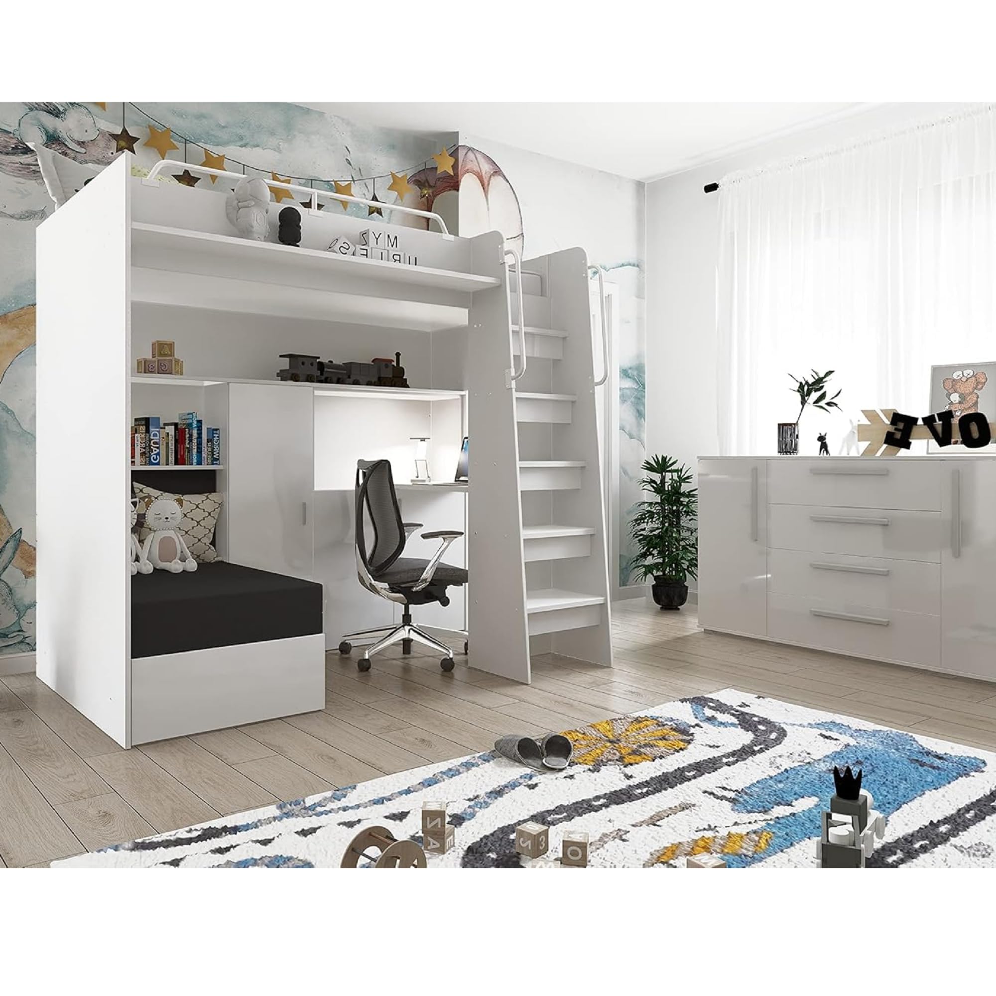 Hochbett JSM-7 90x200 TREPPE RECHTS mit Schreibtisch Schränke und Ausklappbares Sofa 70x180 Hochglanz Funktionsbett Etagenbett Stockbett Kinderhochbett Jugendhochbett (Weiß Glanz)