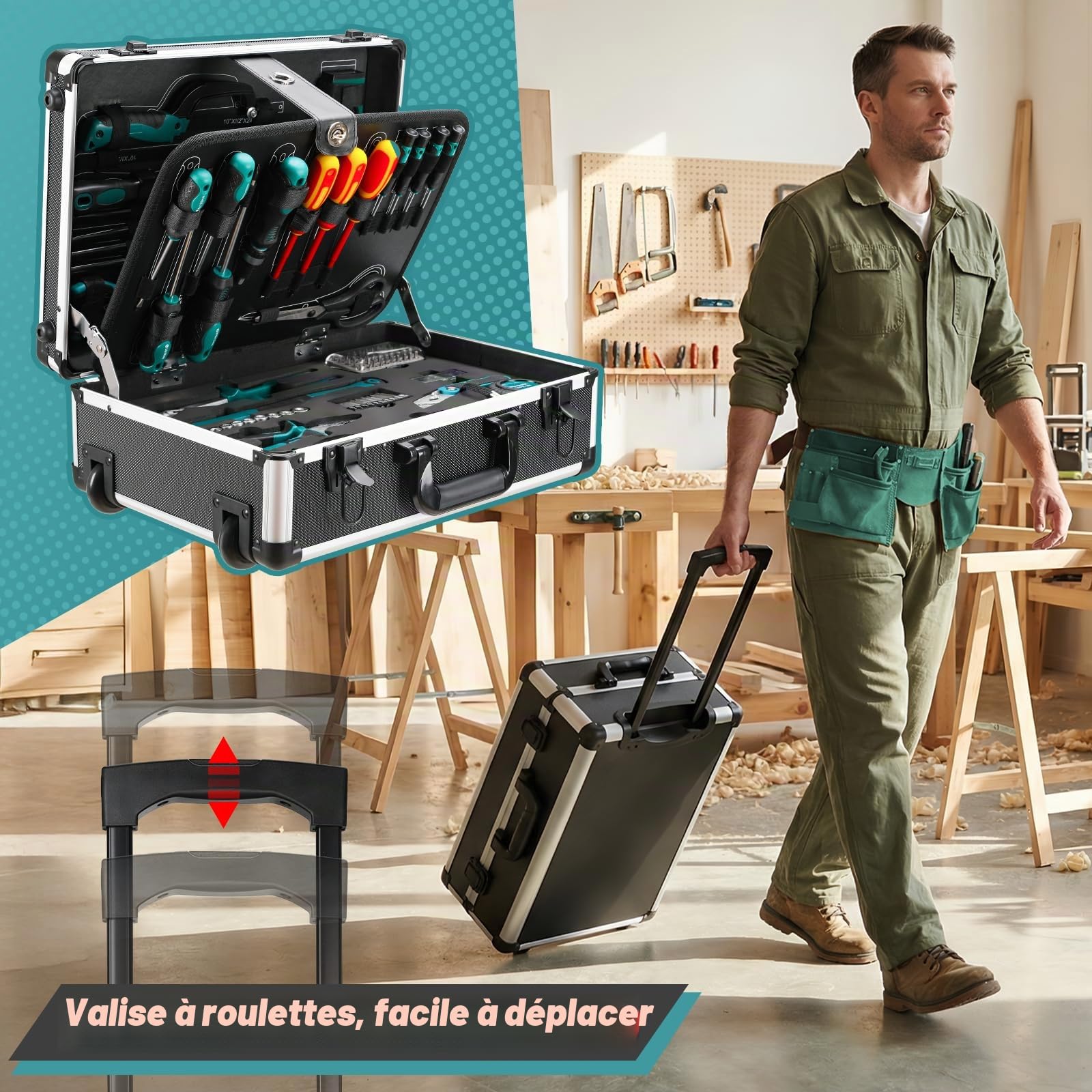 TLGREEN Mallette à outils 128 pièces remplie avec fonction trolley - Boîte à outils - Mallette à outils mobile pour bricolage, artisanat, maison, réparation automobile, atelier