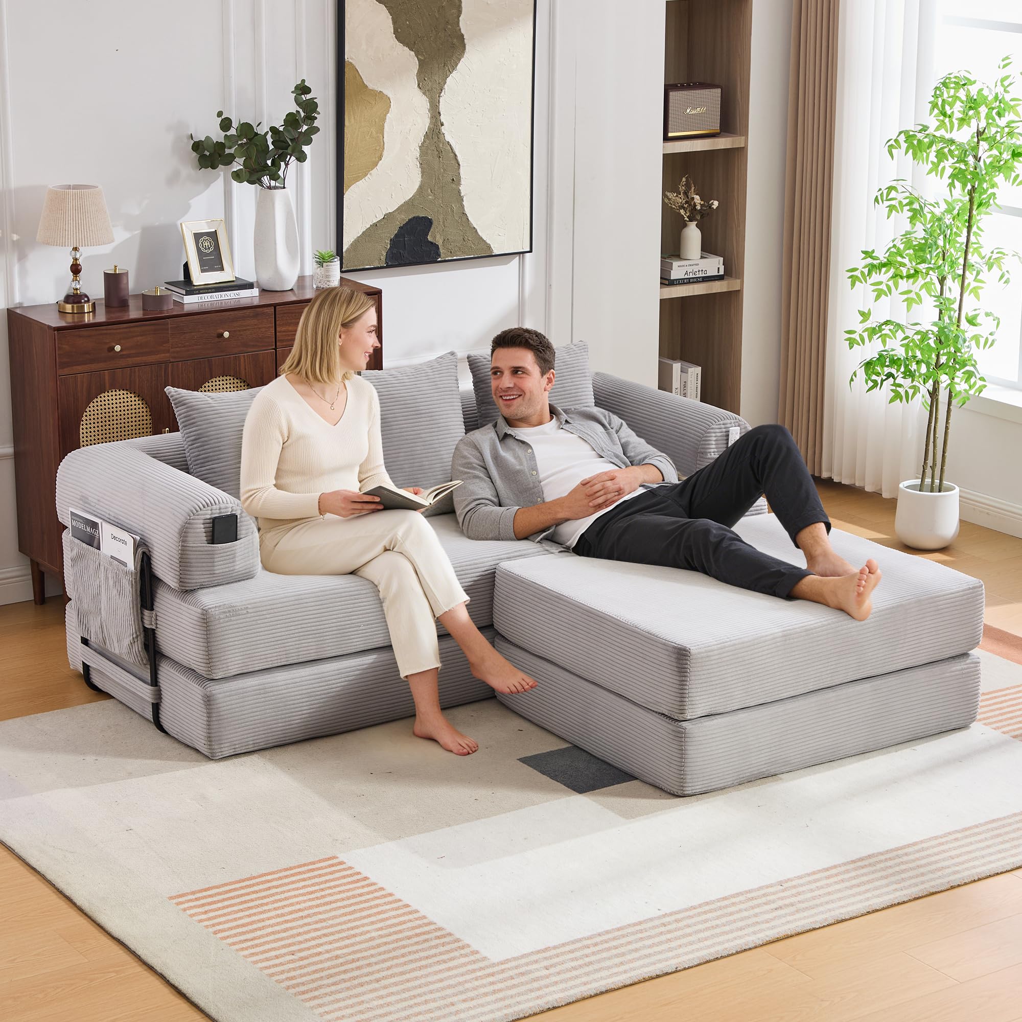 Sofá cama de compresión, 285 x 200 cm, gris claro, taburete modular