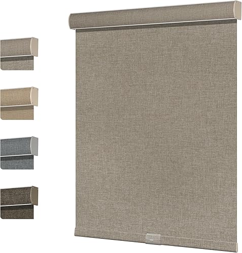 Boolegon Persianas enrollables de filtrado de luz para ventanas, persianas enrollables sin cordón de tela de lino con cenefa de cassette,