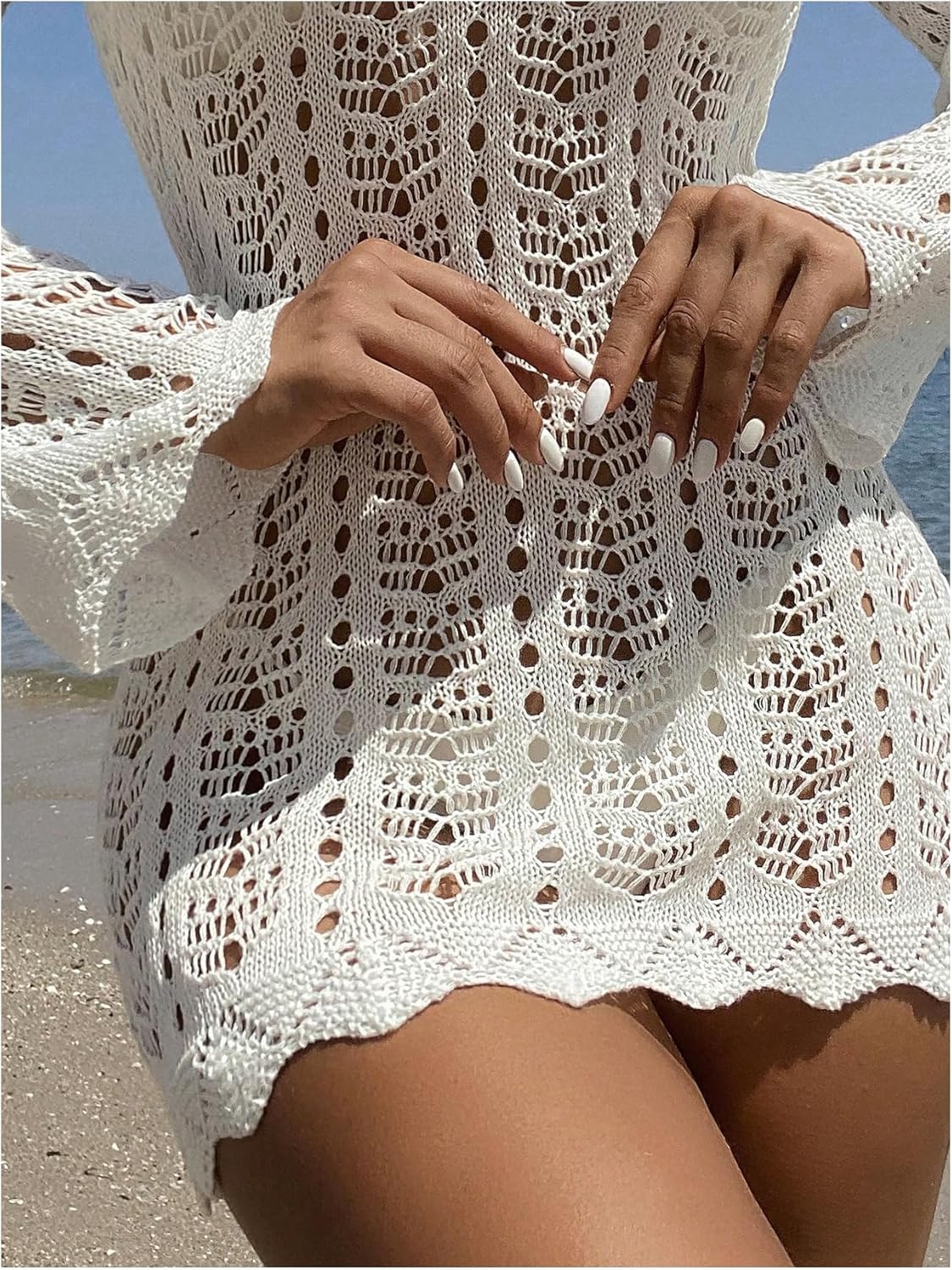 OYOANGLE Women's Crochet Swimsuit Coverup Open Back Bikini Cover Up Long Sleeve Beach Dress - Image 4