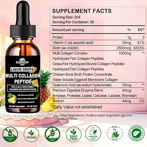 Miniatura 7 de Gotas líquidas de péptidos de colágeno múltiple para mujeres y hombres, tipo I, II, III, V, X, péptidos de colágeno hidrolizados, proteínas de