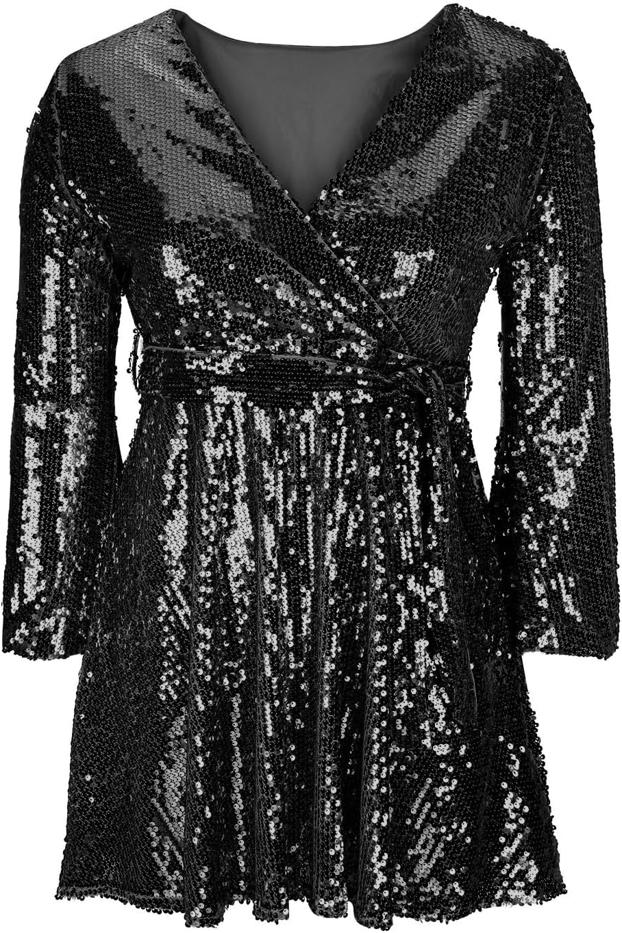 Women Long Sleeve Sparkly Sequin Dress,V Neck Tie Mini Party Dresses