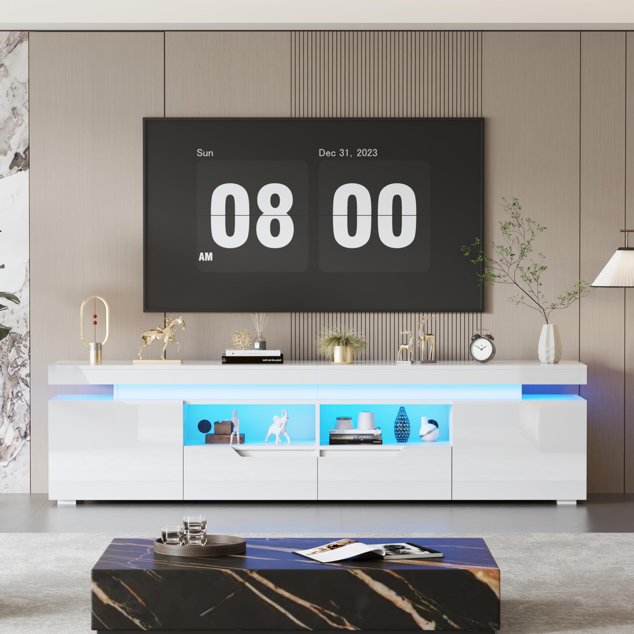 LSLIFE Modern 200cm High Gloss TV Stand Cabinet with RGB LED Lights, TV Cabinet for 65-85 Inch Television Living Room TV Unit with 2 Doors 2 Drawers 16 Colors Lights (200cm - White LED Light)