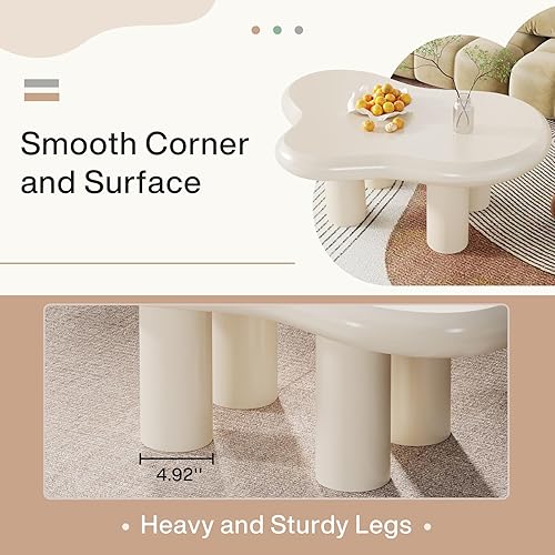 Miniatura 5 de Tribesigns Mesa de centro Cloud de 39.4 pulgadas, bonita mesa de café color crema con 4 patas sólidas, mesa central de cartón moderna para sala de