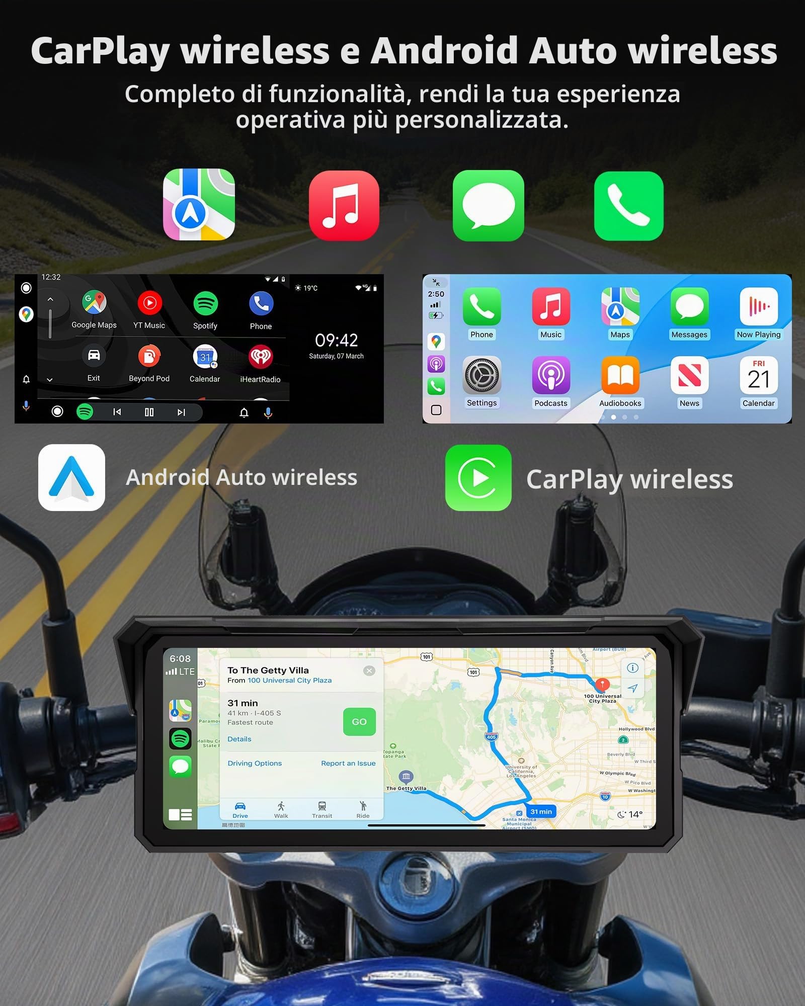 8,1 Pollici Schermo Carplay Moto Android Auto Moto GPS Navigatore | Touchscreen Impermeabile IP67 Audio Bluetooth, Siri e Assistente GOogle, Compatibile con tutte le motociclette