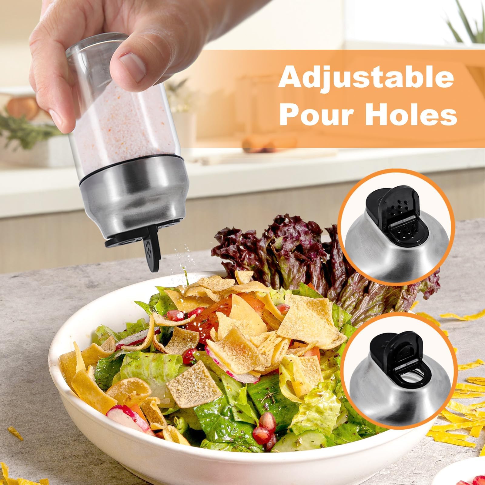 Aelga Juego de salero y pimentero, salero de vidrio de 5 onzas con agujeros de vertido ajustables, dispensador de azúcar con tapa de acero inoxidable, elegantes accesorios de mesa de cocina