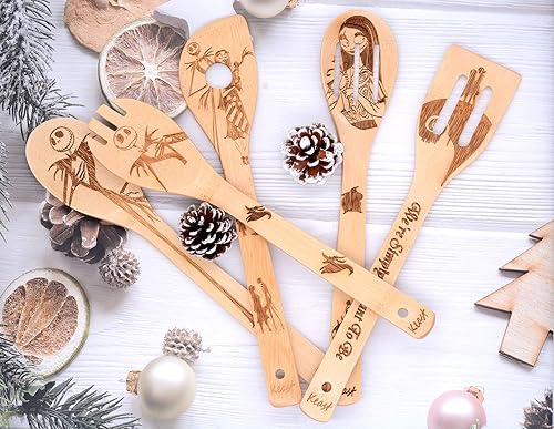 Miniatura 7 de Keast Juego de 5 cucharas de espátula de bambú, espátulas y cucharas antiadherentes de Pesadilla y Navidad, decoración de Navidad, juego