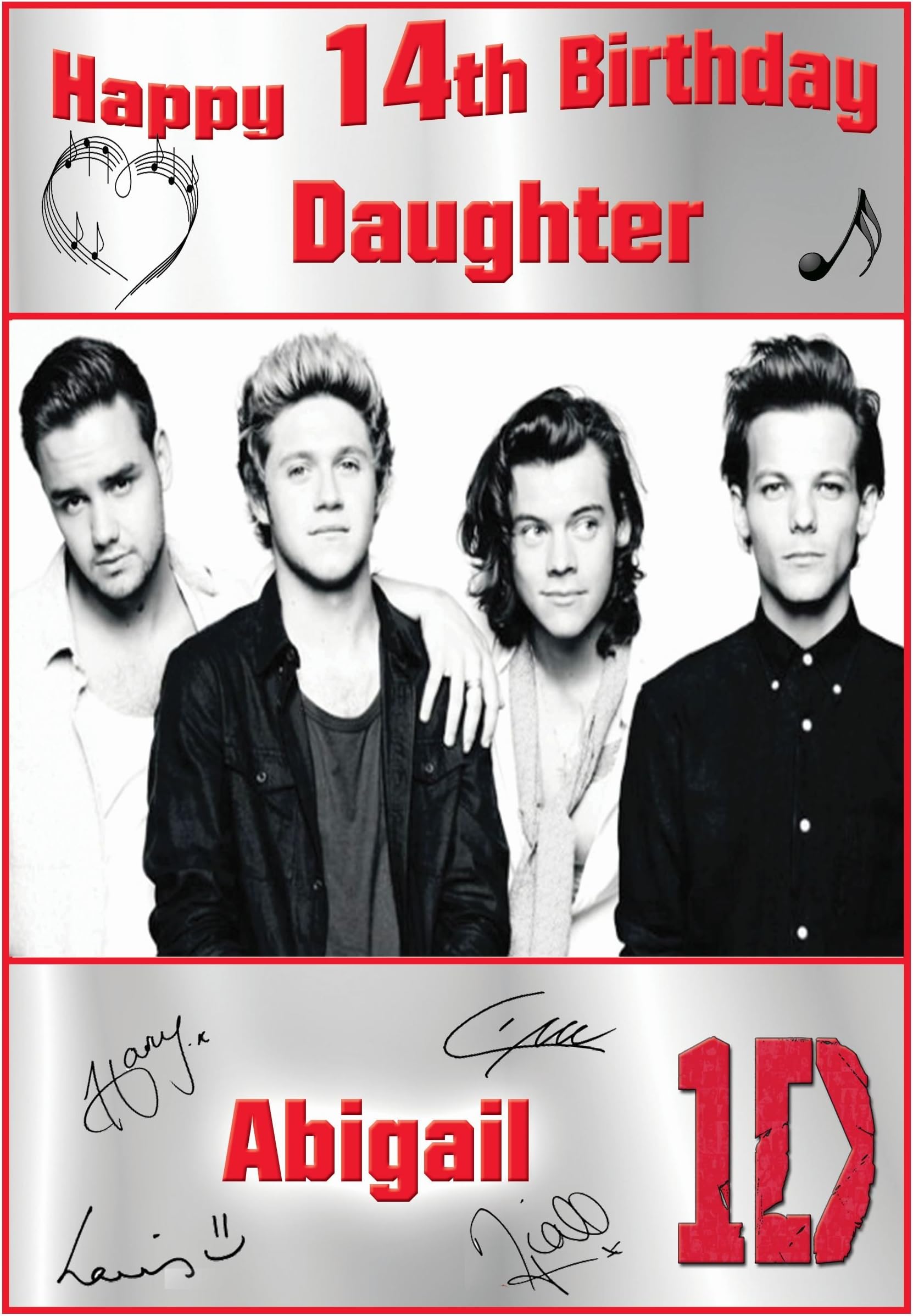 Personalised One Direction Birthday Cards - 2 Designs (Red & Silver)