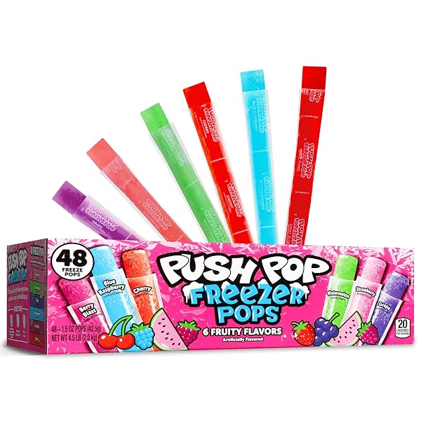 Push Pop Freezer Pops - Ice Popsicles Frozen, Individually Wrapped Variety Pack, 6 Classic Fruity Flavors, Fun Colored F