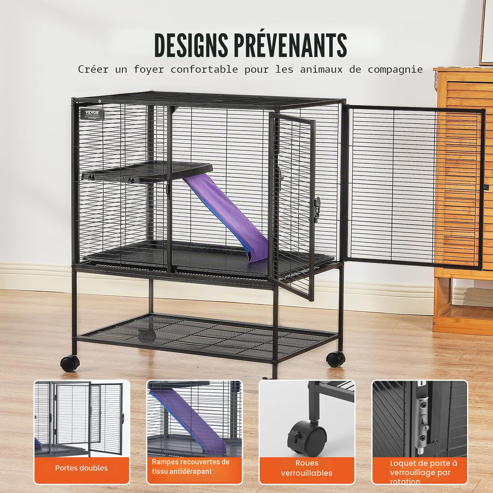 VEVOR Cage à Furet en métal roulante 865 mm, Grande Cage pour Petits Animaux à 2 Niveaux avec Rampe et Plateau, pour Rats de Compagnie, Hamster, Cochon d'Inde, Chinchilla, écureuil, hérisson, Lapin