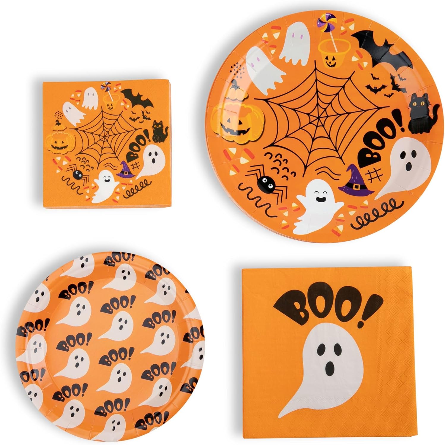 Halloween Party Set – 80 Piece Disposable Tableware Kit with Ghost & Pumpkin Designs – Includes 9" & 7" Plates, Cocktail & Luncheon Napkins – Heavy Duty, Microwave Safe, Premium Quality