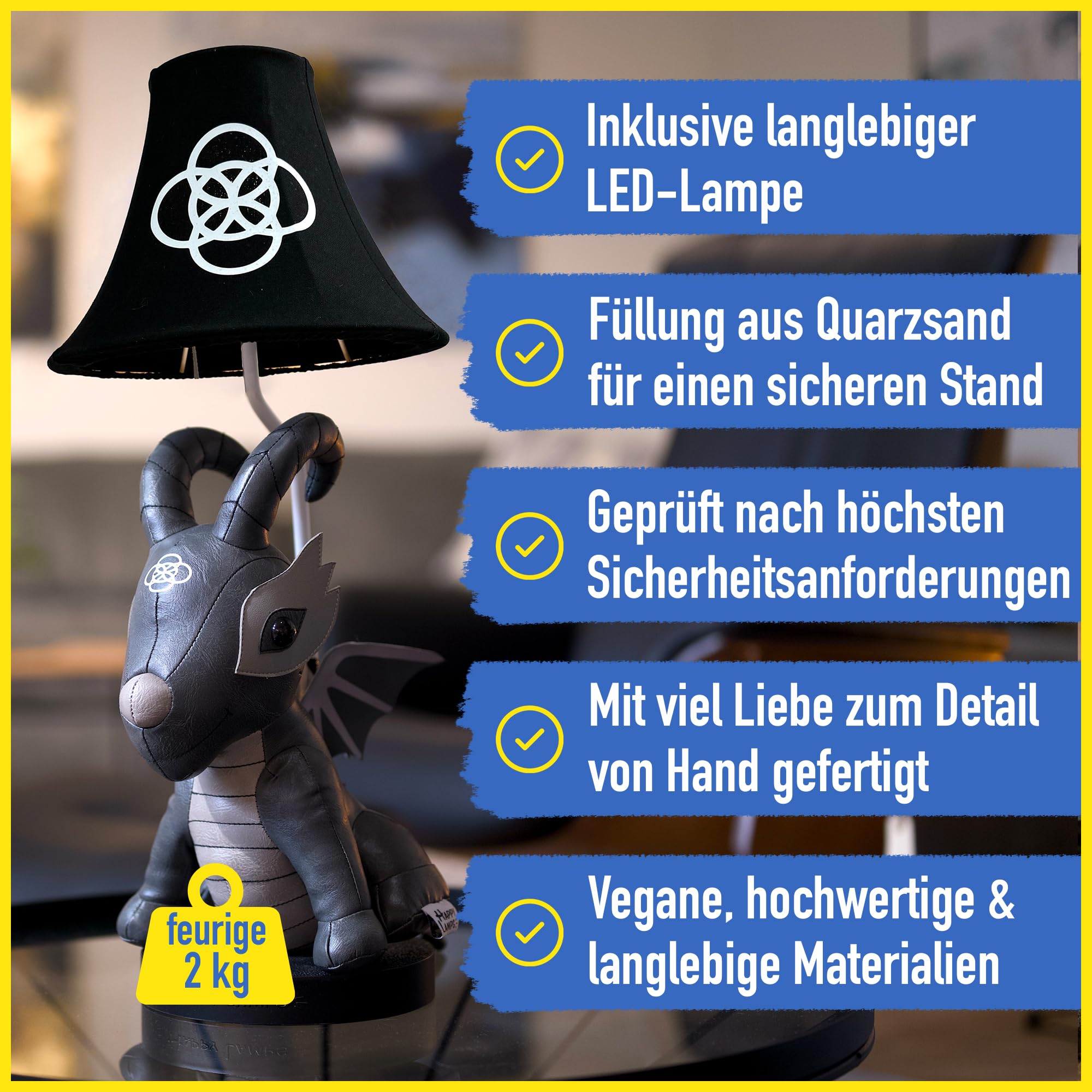 Happy Lamps Black Dragon LED-Tischlampe 58 cm, Kinderzimmer Deko | handgefertigt, kindersicher, ideal fürs Kinderzimmer, Geschenkidee