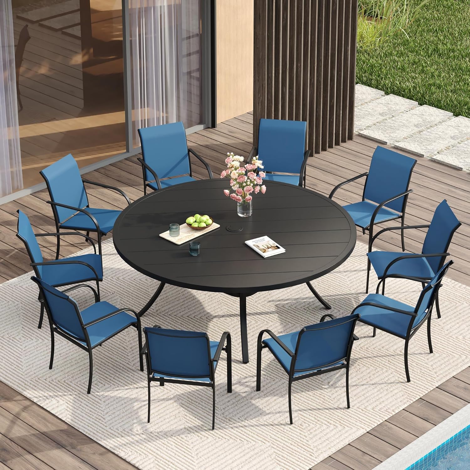 VICLLAX Large Patio Dining Furniture Set, Outdoor Dining Set for 10-60" Round Outdoor Table and Patio Stackable Chairs, Black Tabletop and Blue Fabric