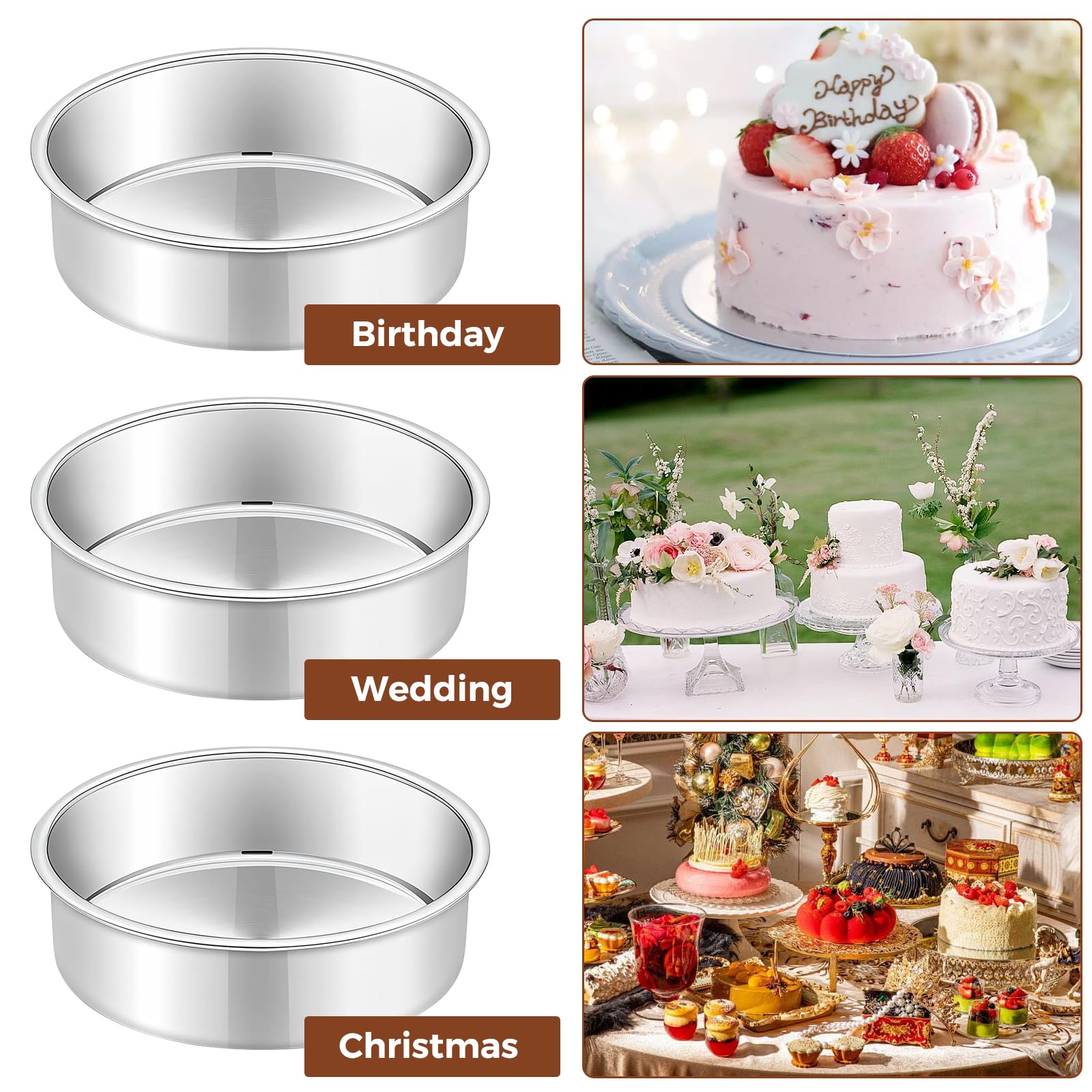 Woobroo Set Of 3 Round Cake Tins For Baking, 8 Inch Aluminium Cake Tins, Layer Cake Pans/Oven Bakeware, Ideal For Birthday, Christmas, Wedding Sponge Cakes, Mirror Polished, Dishwasher Safe - View #11