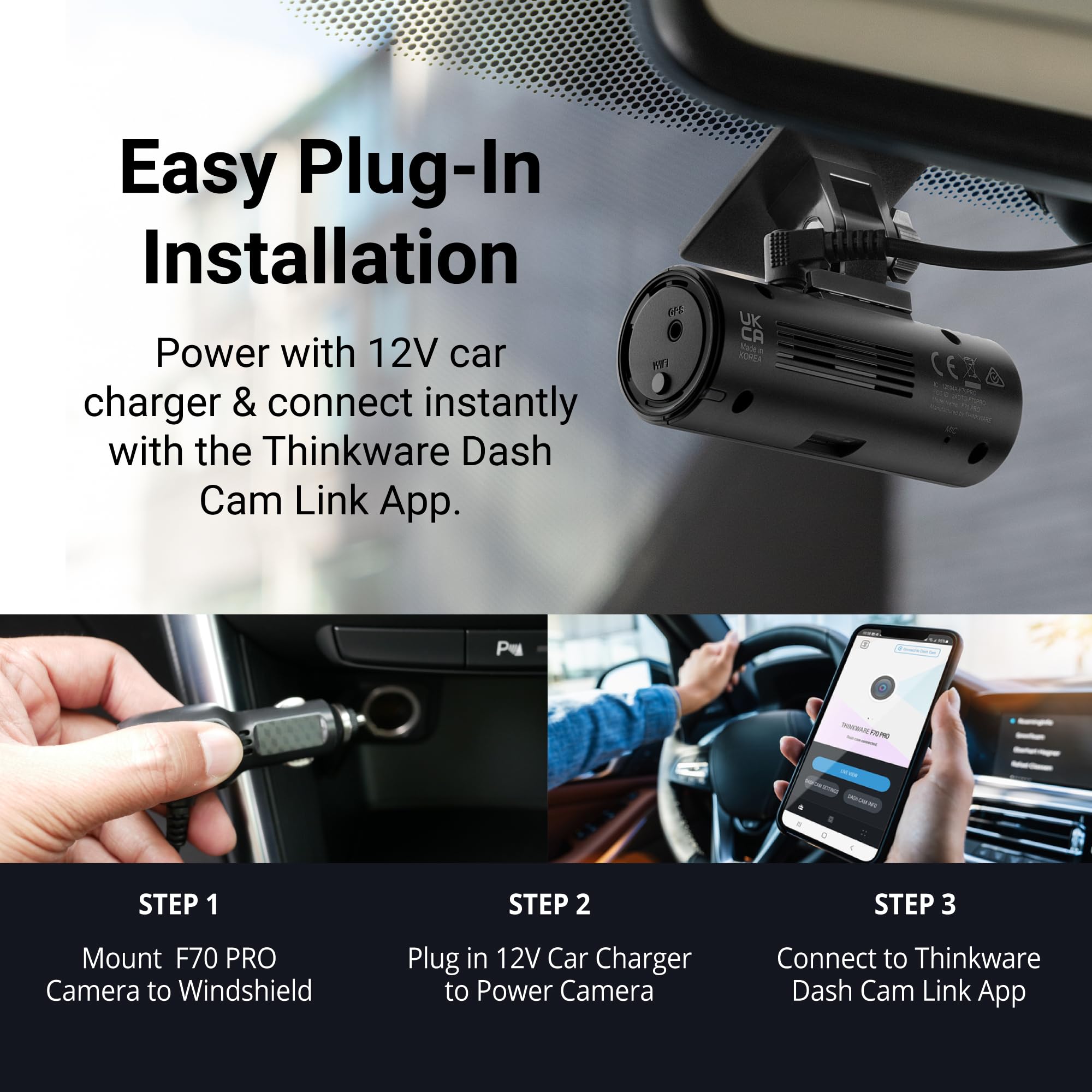 Thinkware F70 Pro Dashcam 1080P Front, 140° Gran Angular, Cámara de salpicadero con Sensor G, Modo de Aparcamiento, visión Nocturna, cámara WiFi de 32 GB