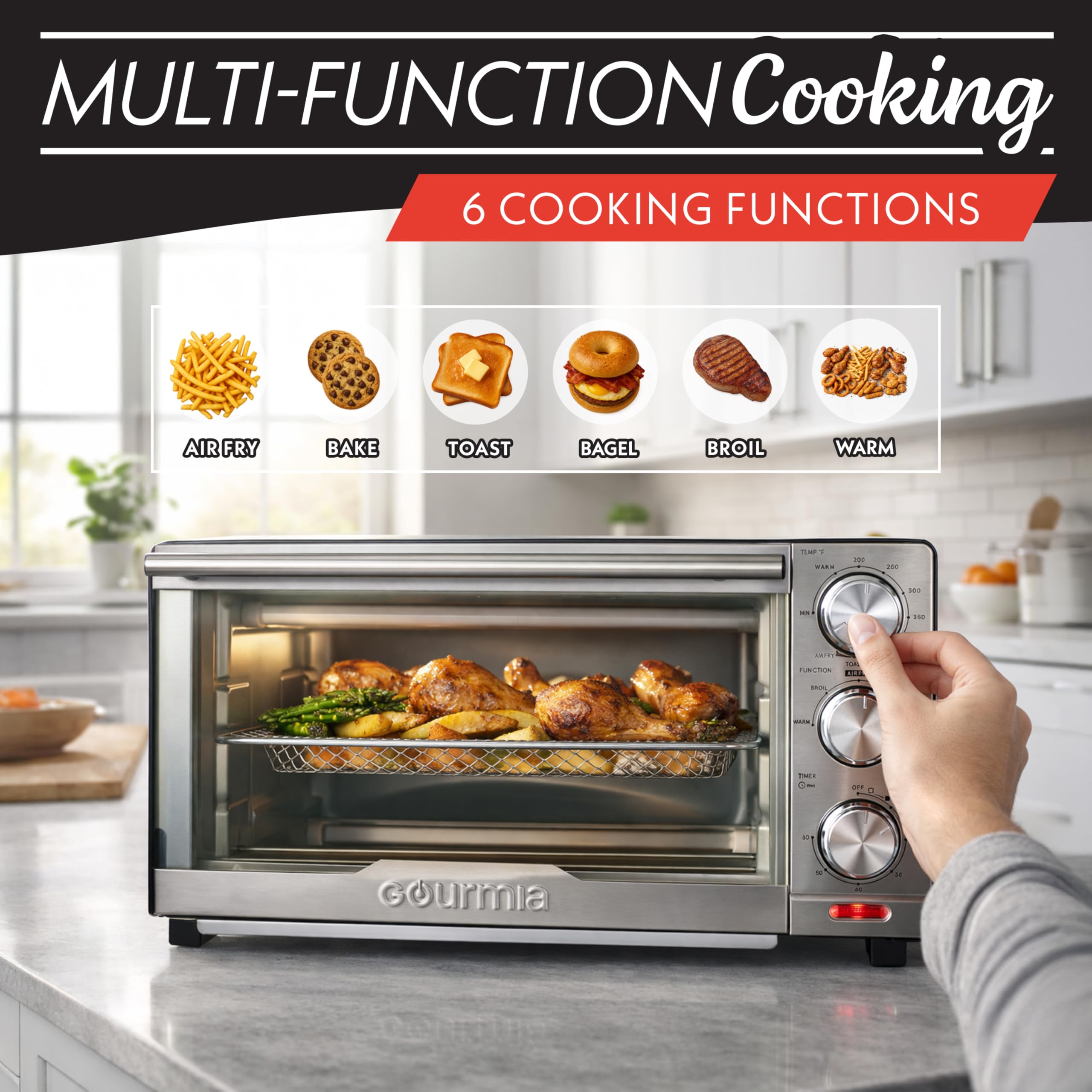 Gourmia Combinazione tostapane friggitrice ad aria, 6 in 1, multifunzione, temperatura e timer regolabili, cestello per friggere, teglia, griglia per forno e vassoio raccogli briciole estraibile, in