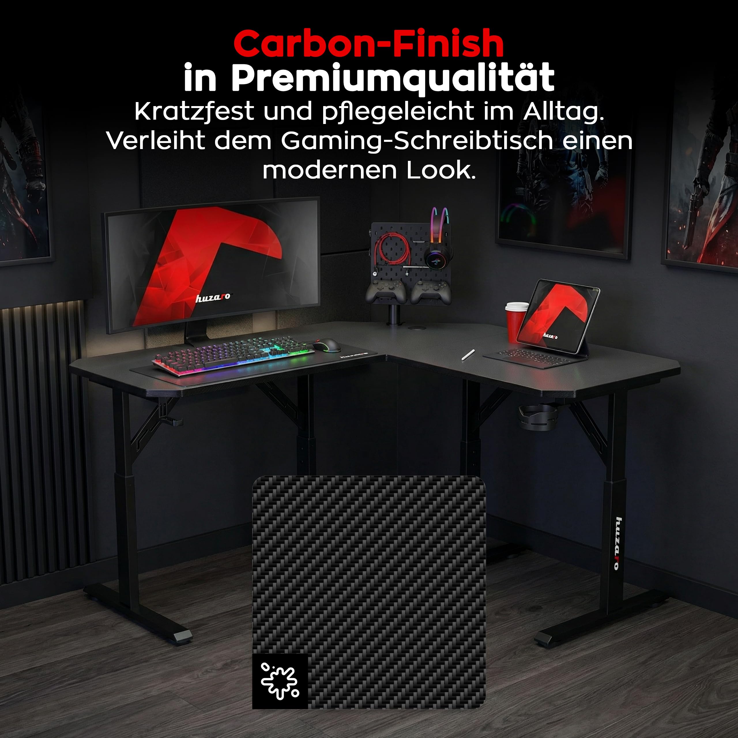 huzaro Hero 7.3 Eckschreibtisch 140x80 cm - Manuell höhenverstellbar | Platzsparendes Eckdesign für aufgeräumtes Setup - Robuste Oberfläche - Stabiler Gaming Tisch - Homeoffice und Lernen