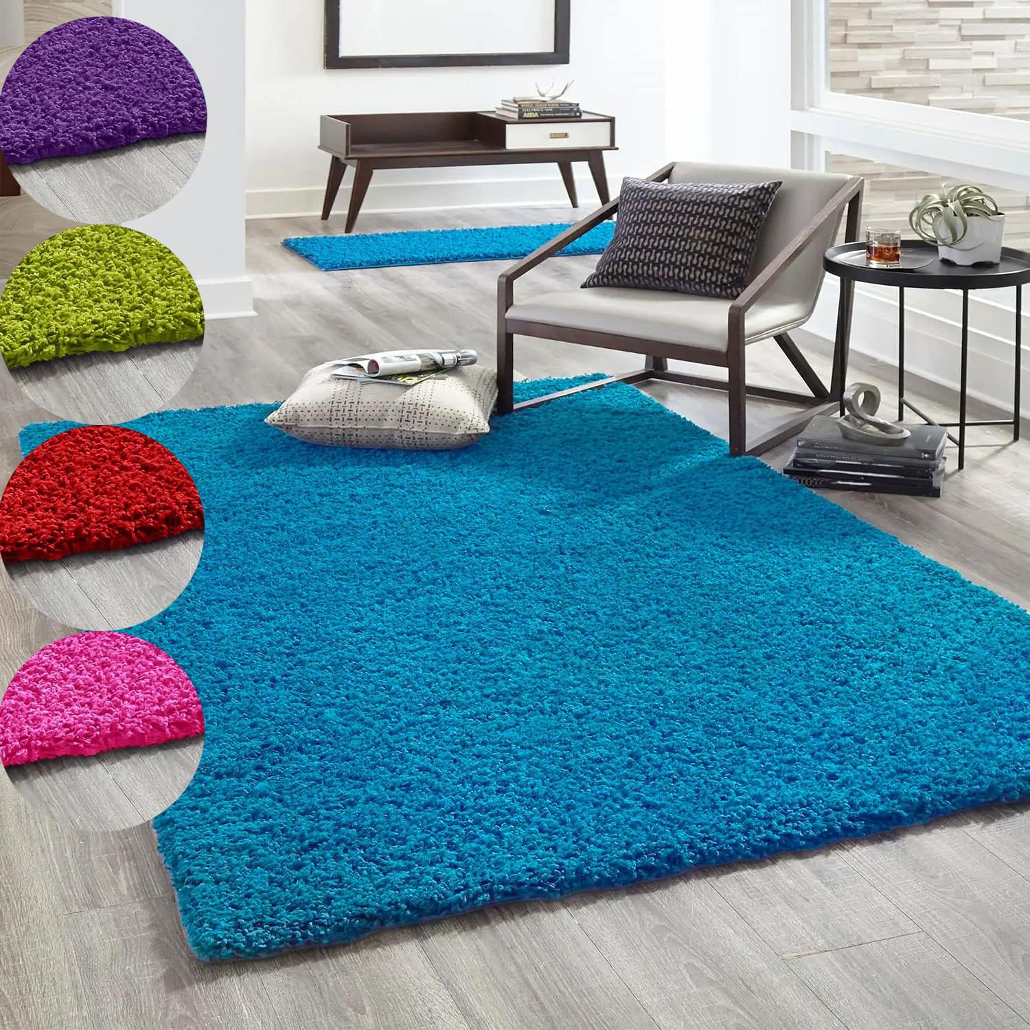 VIMODA Hochflor Teppich Prime Shaggy Langflor Wohnzimmer Schlafzimmer Rund Farbig, Farbe:Turkis, Maße:160x220 cm