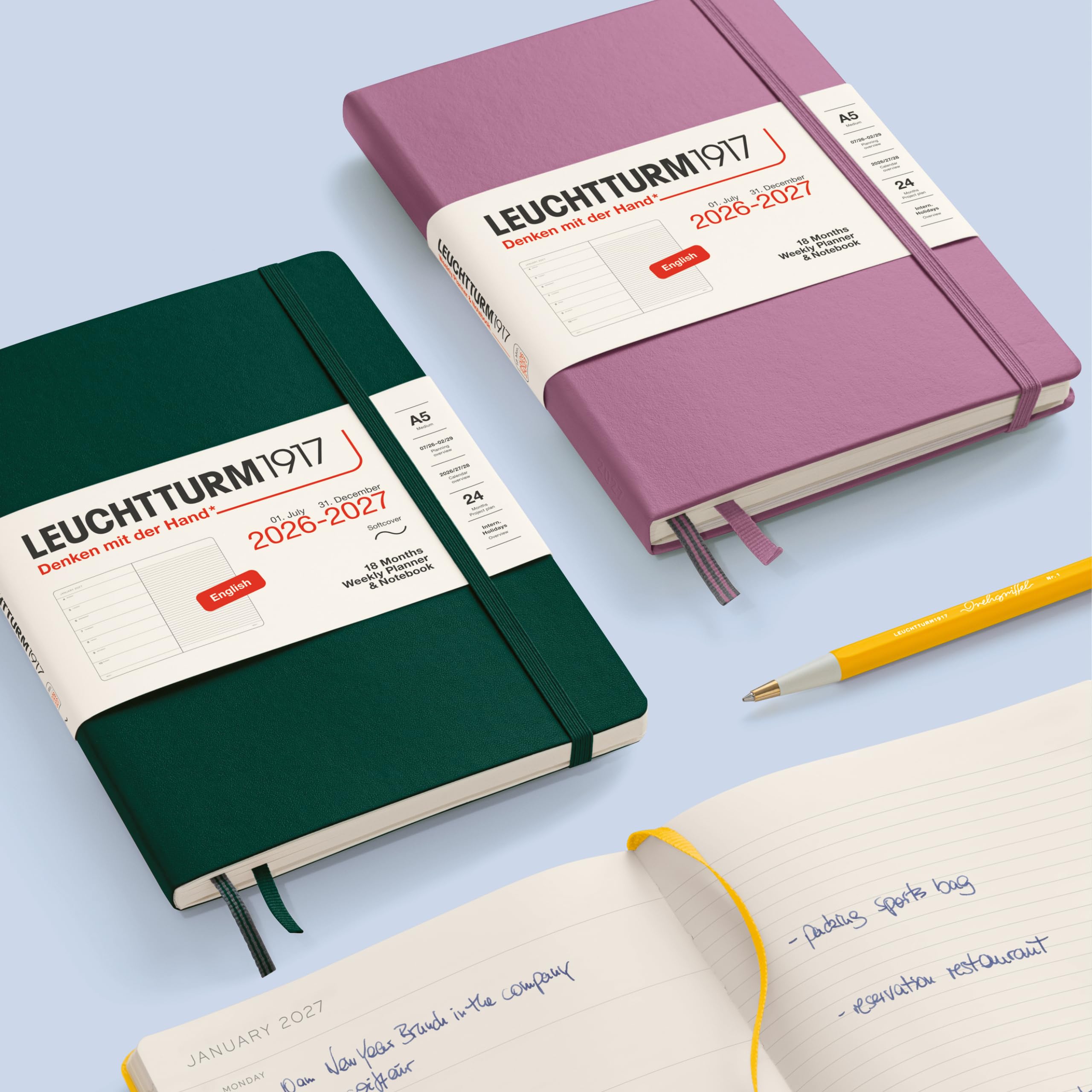 LEUCHTTURM1917 Kalendarz tygodniowy na rok 2027, format A5, z notatnikiem, w linie, terminarz w języku angielskim, 18 miesięcy, lipiec 2026 r., grudzień 2027, Dusty Rose, miękka okładka 210 x 145 mm