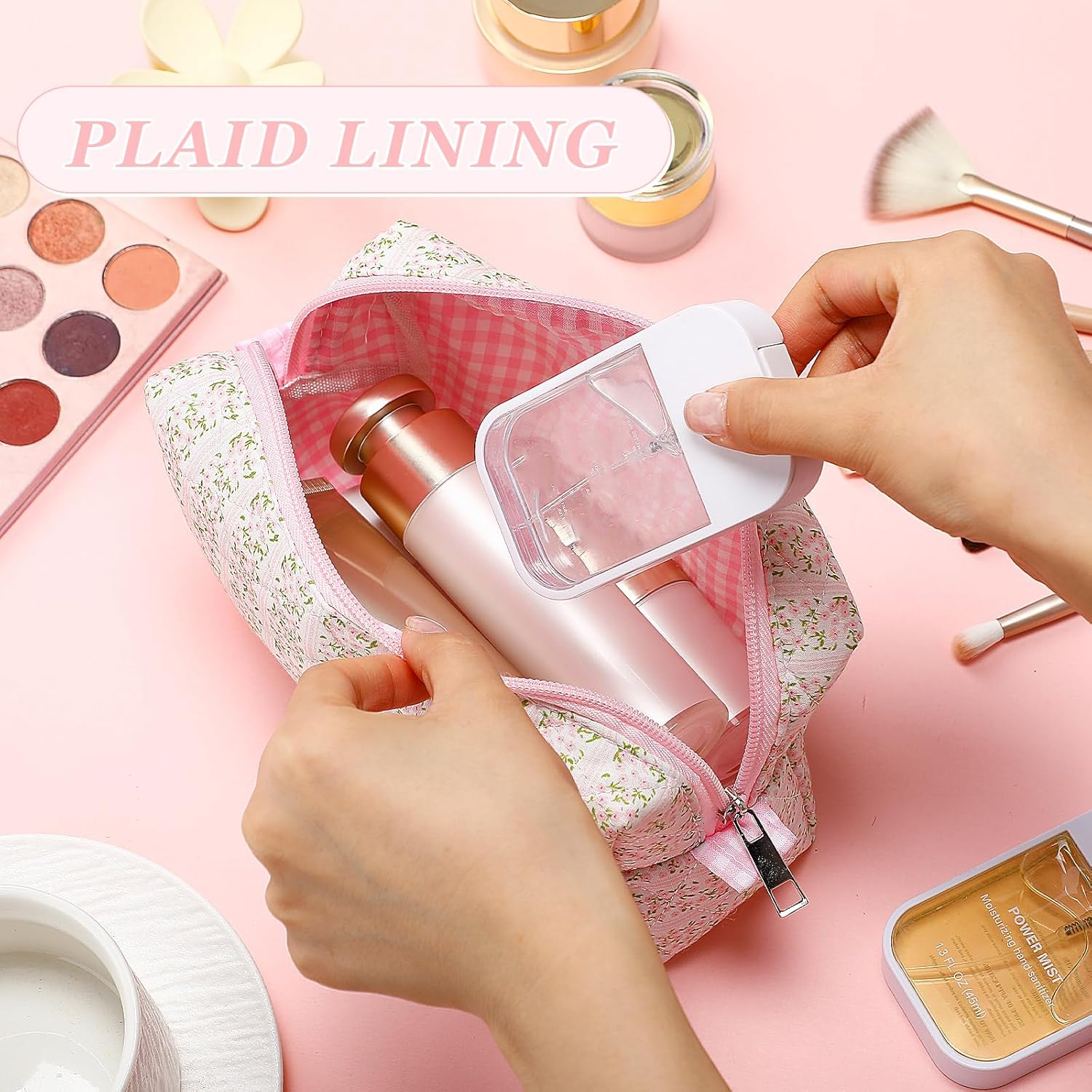 Paterr Cotton Quilted Makeup Bag Valentine Bridesmaid Gifts Small Cute Cosmetic Bag for Women Floral Coquette Bow Aesthetic Travel Toiletry Pouch Pencil Case for Mother's Day(Pink Floral) - Image 4