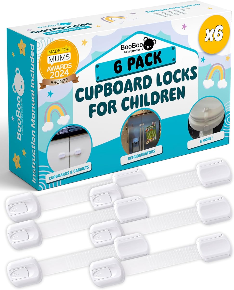 BooBoo Baby 6 Pack Premium Child Locks for Kitchen Cupboards | Child Proof Cabinet Locks, Drawer Locks Baby Proofing Cabinets with No Drilling, Extra Strong Adhesive + 2 Spare Stickers